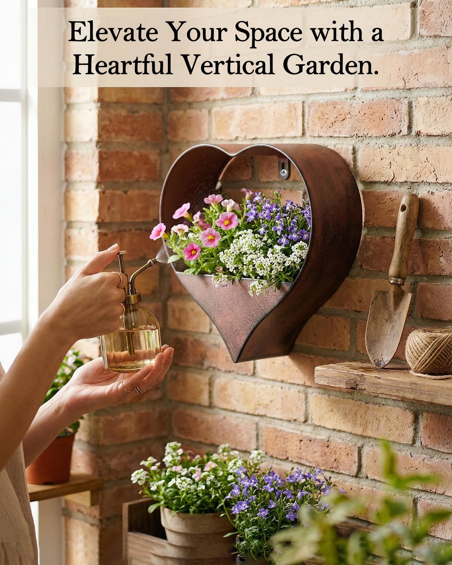 Philodwell Metal Plant Hangers Indoor and Outdoor:Birthday Gifts for Mom Women Her Wife Garden Lovers - Heart Shape Hanging Planters for Window Wall Living Room Office Decor(Rustic)