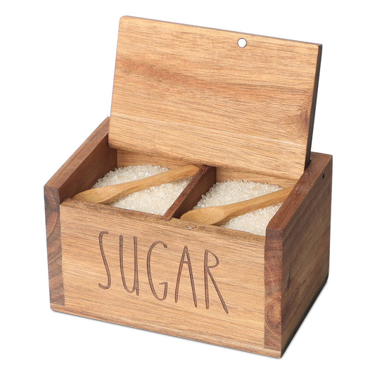 Acacia Wood Spice Box with Lid and Built-in Spoon for Kitchen Countertop, Rectangle Farmhouse Kitchen Decoror for Storing Salt, Peppers, Sugar or Seasonings, Brown (Labeled - “SUGAR”)