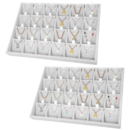 mekueeex 2PC Gray Ice Velvet Stackable Jewelry Display Tray Organizer with Removable Dividers, Multi-Compartment Storage Box for Earrings Necklaces Bracelets Rings Showcase - 13.8x9.5x1.2inch
