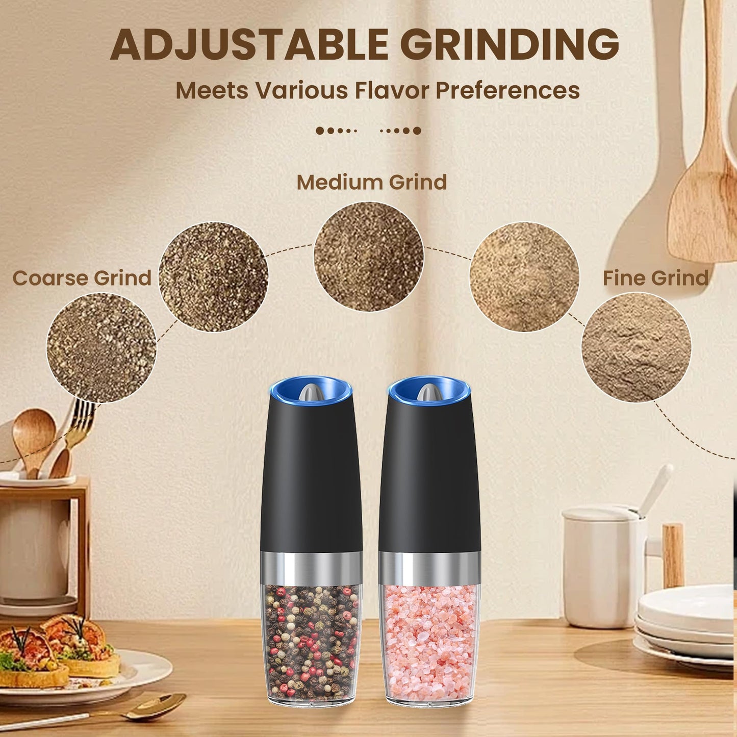 KIARYUOLL Gravity Electric Salt And Pepper Grinder Set, Automatic Salt And Pepper Grinder Set, Battery Powered (6 AAA Batteries Each), Adjustable Roughness, LED Light, 2 Pack, (Black)
