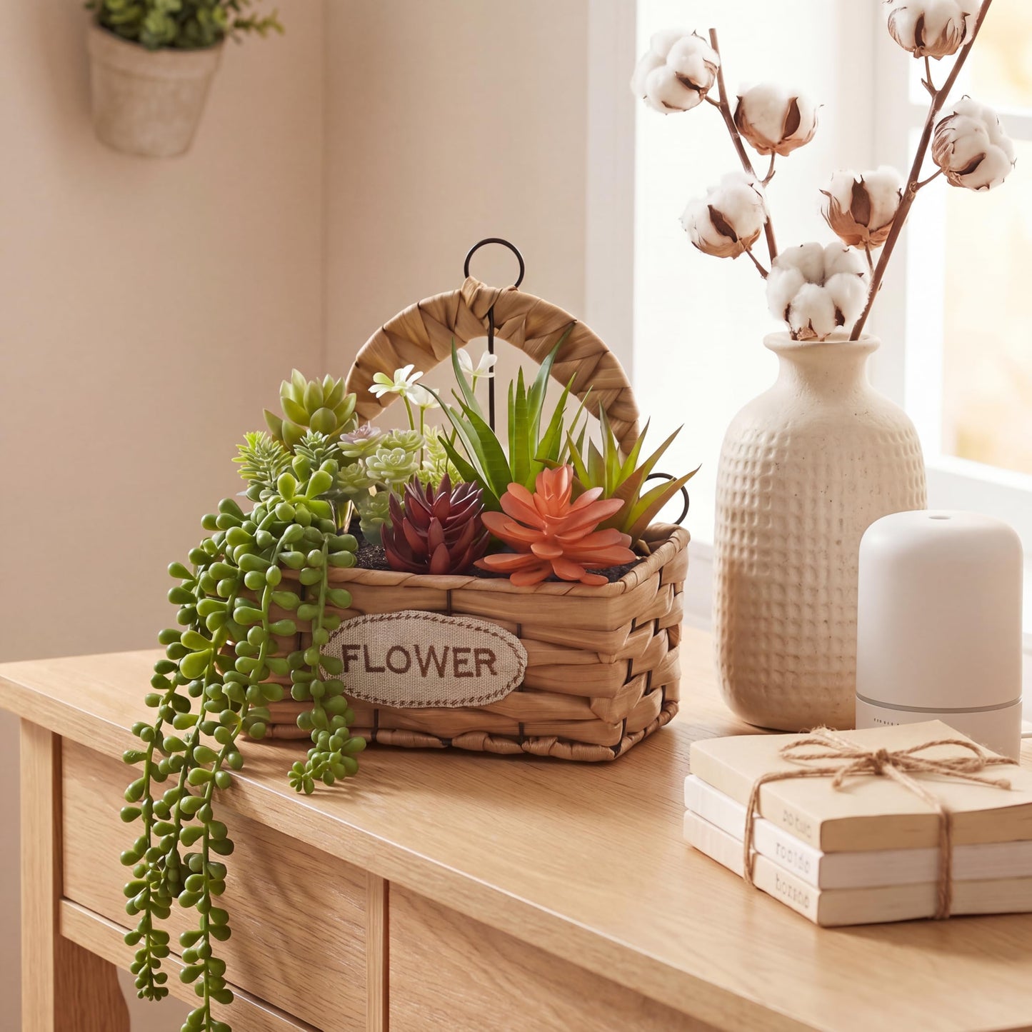 Gresorth 9 Pcs Fake Succulents Hanging Assorted Plants in Woven Basket Artificial Succulent Plant Arrangement Faux String of Pearls Aloe Aeonium Decoration Cabinet Shelf - 8.8 Inch
