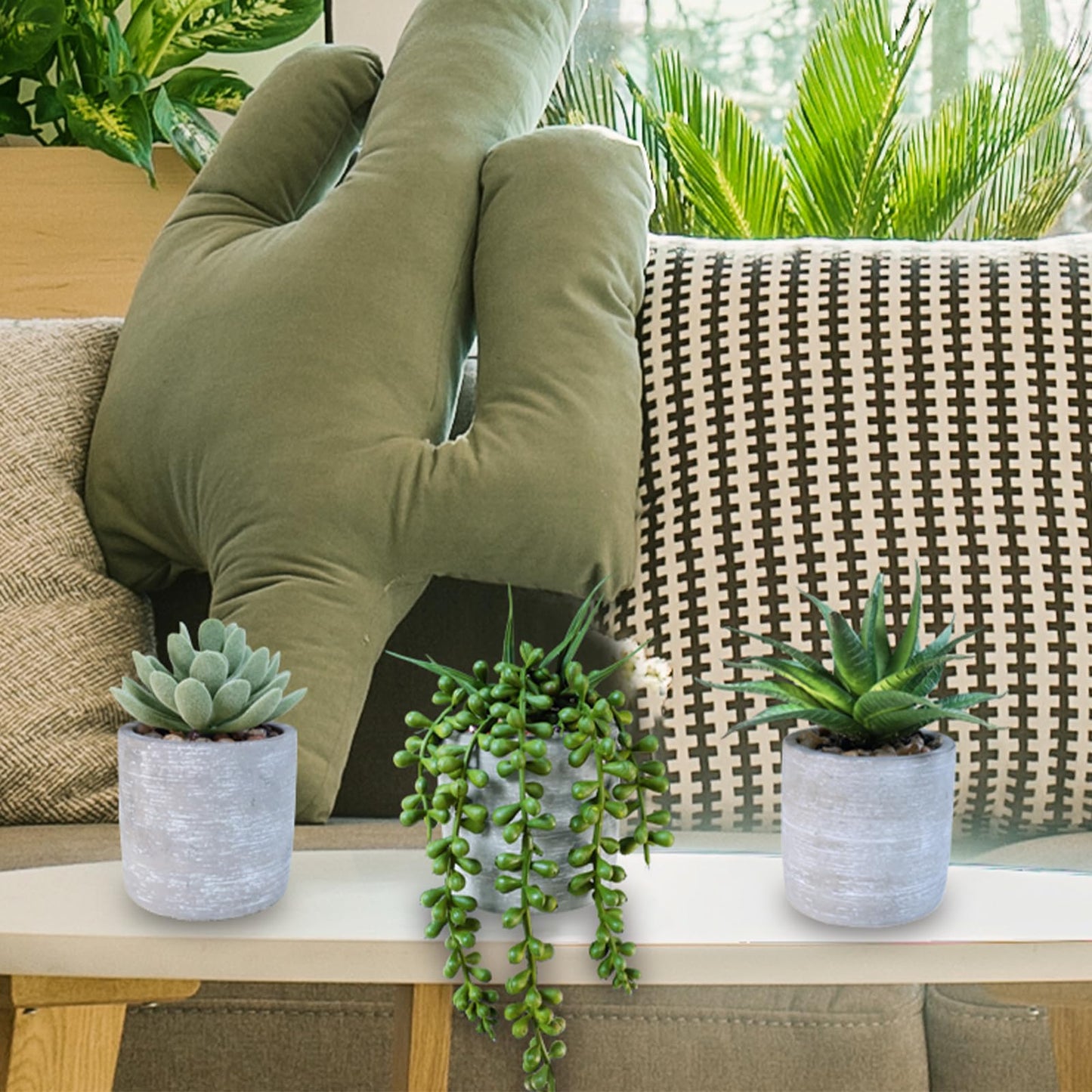 Winlyn 3 Pack Artificial Potted Succulent Plants Faux Aloe Echeveria String of Pearls Succulents in Gray Cement Pots Small Decorative Plants for Home Office Table Shelf Windowsill Greenery Décor