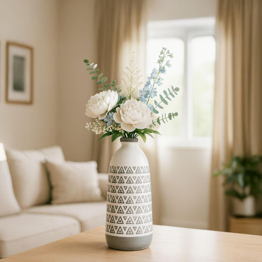 Ceramic Stoneware Vase – Decorative Flower Holder for Stems and Branches, Living Room or Bedroom Table and Shelf, Geometric Boho Home Decor Design Accent Detail – 18", Soft Gray Color