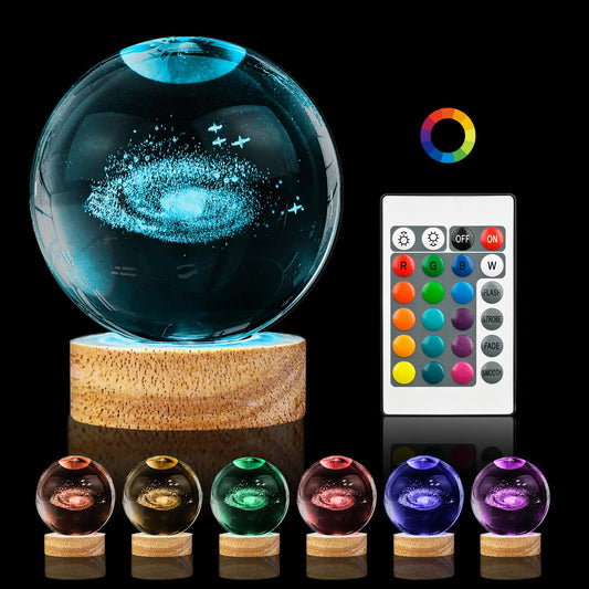 PYMIN3D 3D Galaxy Crystal Ball Night Light,3.15in k9 Universe Crystal Ball Lamp with 16 Colors Change,Wooden Base and Remote Control Decor Space Astronomy Gifts for Kids