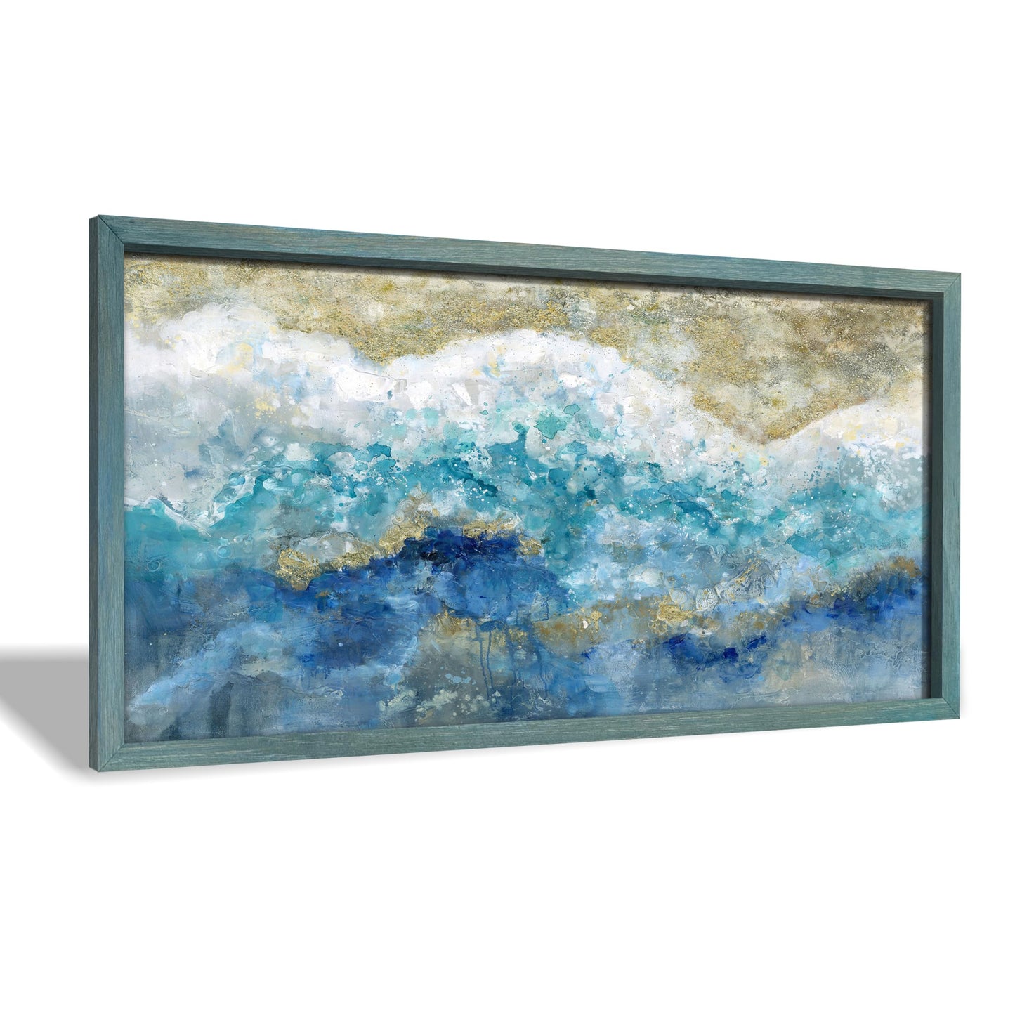Abstract Wall Art Painting - Blue and Teal Ocean Theme with Gold Accents for Living Room Office Decor 24"x12"