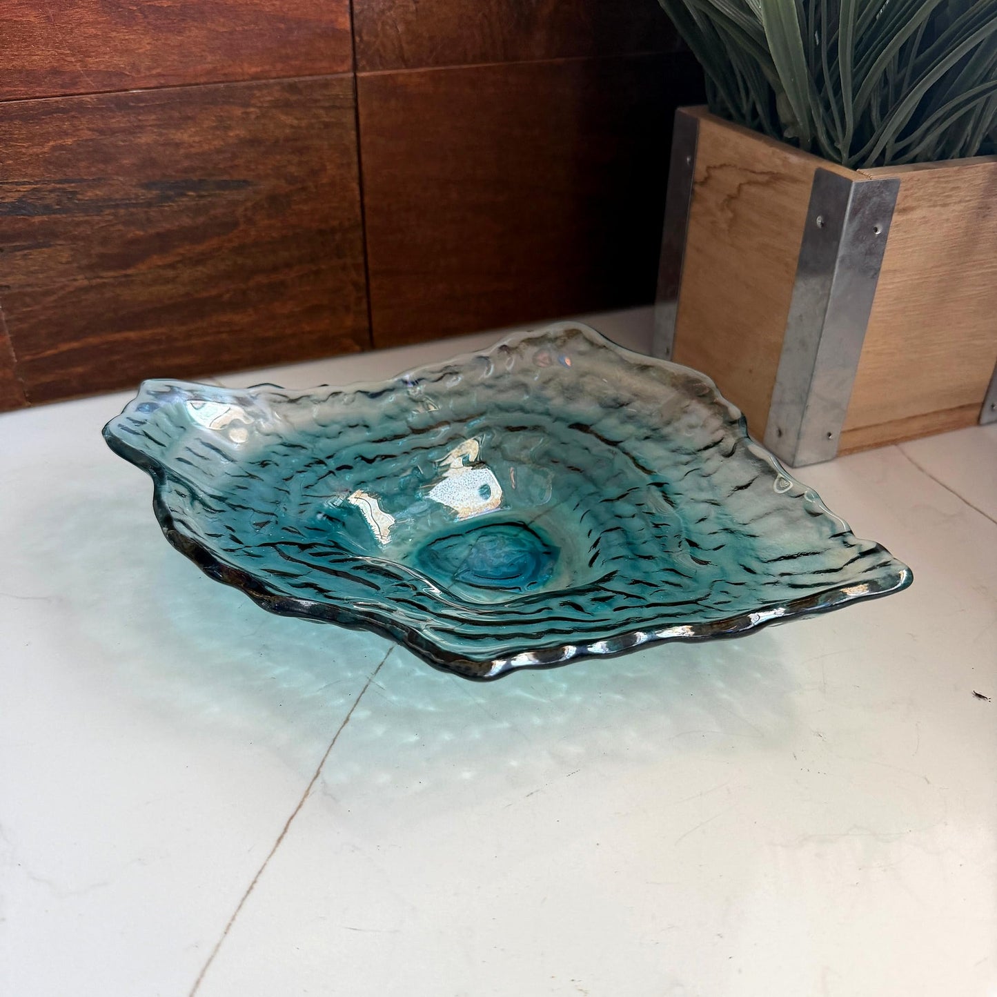 Things2Die4 Oyster Shaped Decorative Plate, 10 X 7.5 Inch Iridescent Sea Blue Glass Accent Dish for Coastal Table Decor, Freeform Wavy Shell Design for Entryway or Living Room