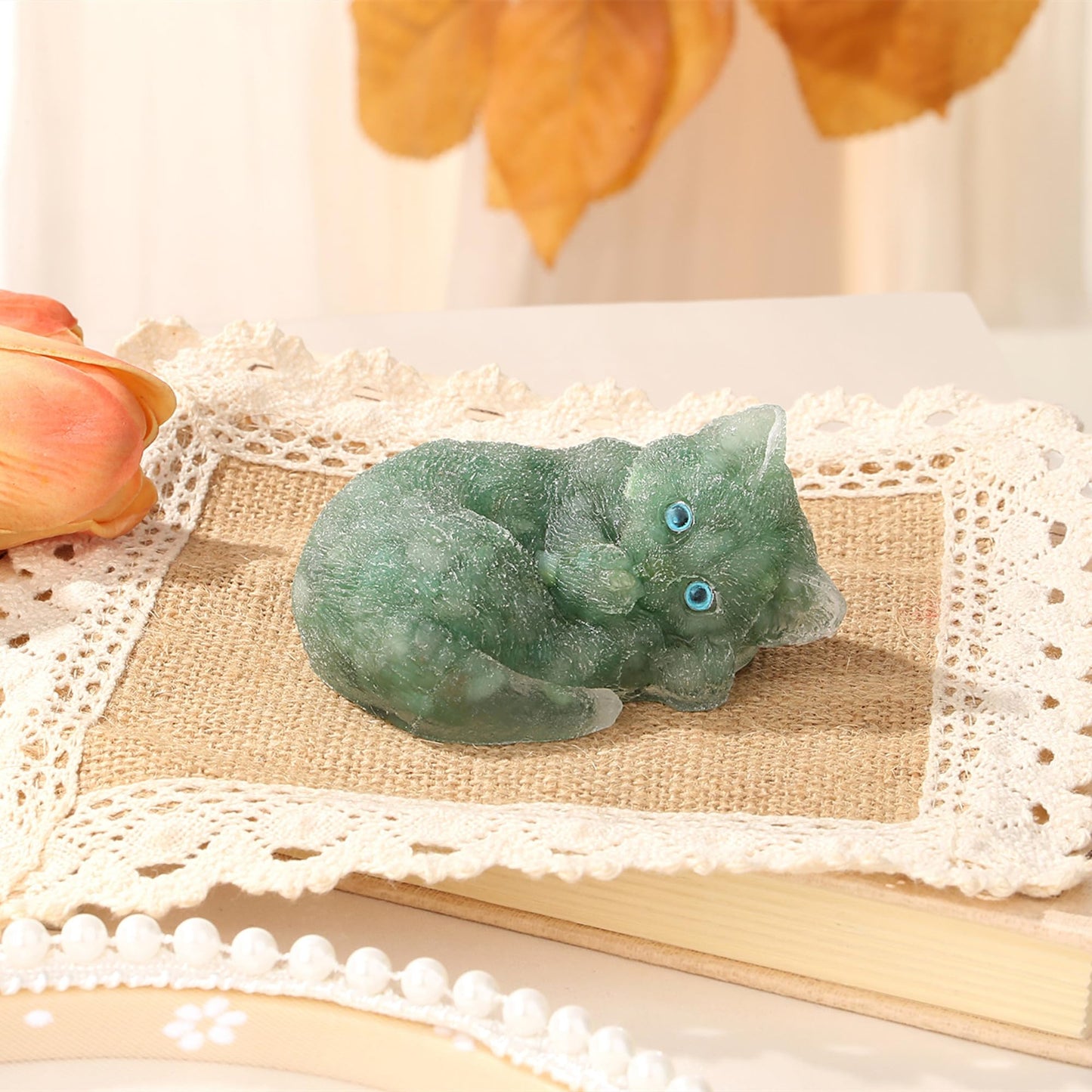 ZHIYUXI 3" Green Aventurine Cat Figurines Sleeping Green Cat Statue Decor Gemstones Healing Crystals Reiki Energy Balance Room Decor