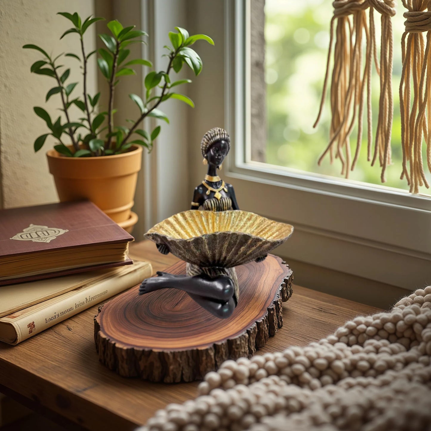 Dwelloria African Woman Kneeling Statue with Large Leaf Bowl – Resin Figurine, Black and Gold Cultural Sculpture, African Decor Candy Jewelry Dish