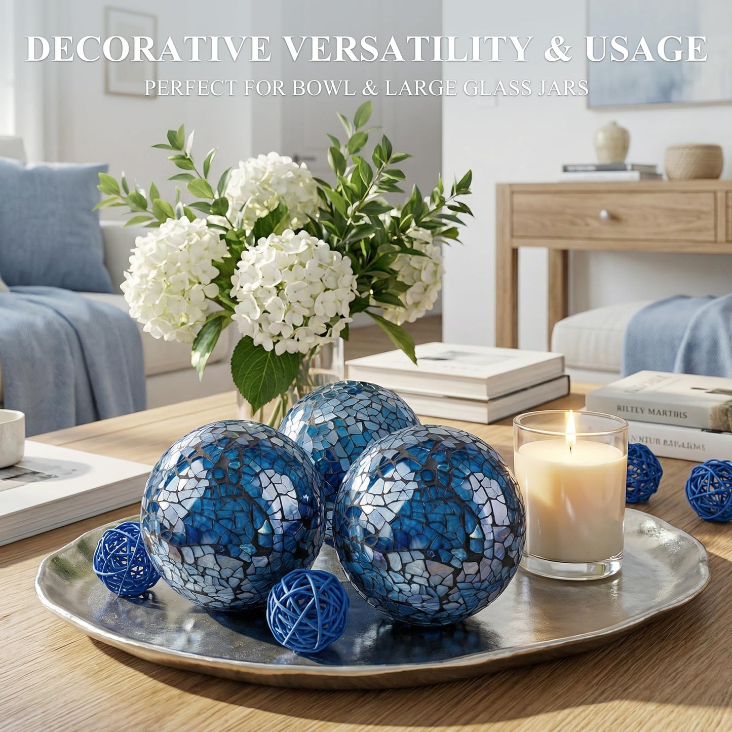 DomeStar 3PCS Decorative Balls for Bowls, 3 Inch Dark Blue Orbs Glass Balls for Centerpiece Bowls Mosaic Sphere for Home Decoration Dining Table