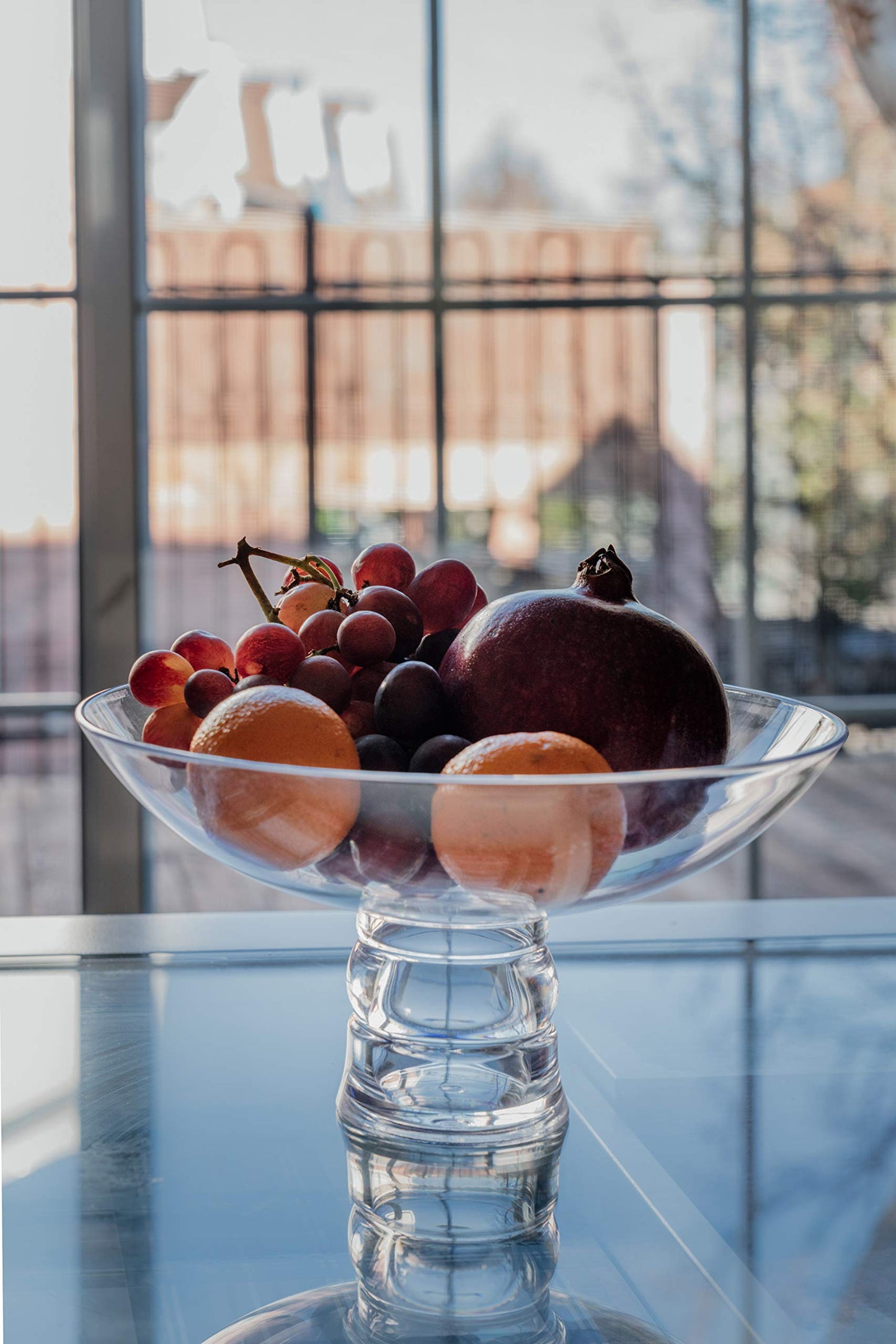 Huang Acrylic Clear Large Round Fruit Bowl with Multifunctional Removable Pedestal | Decorative Kitchen Table or Countertop Centerpiece Stand | 10.5 x 10.5 x 5.5 inches