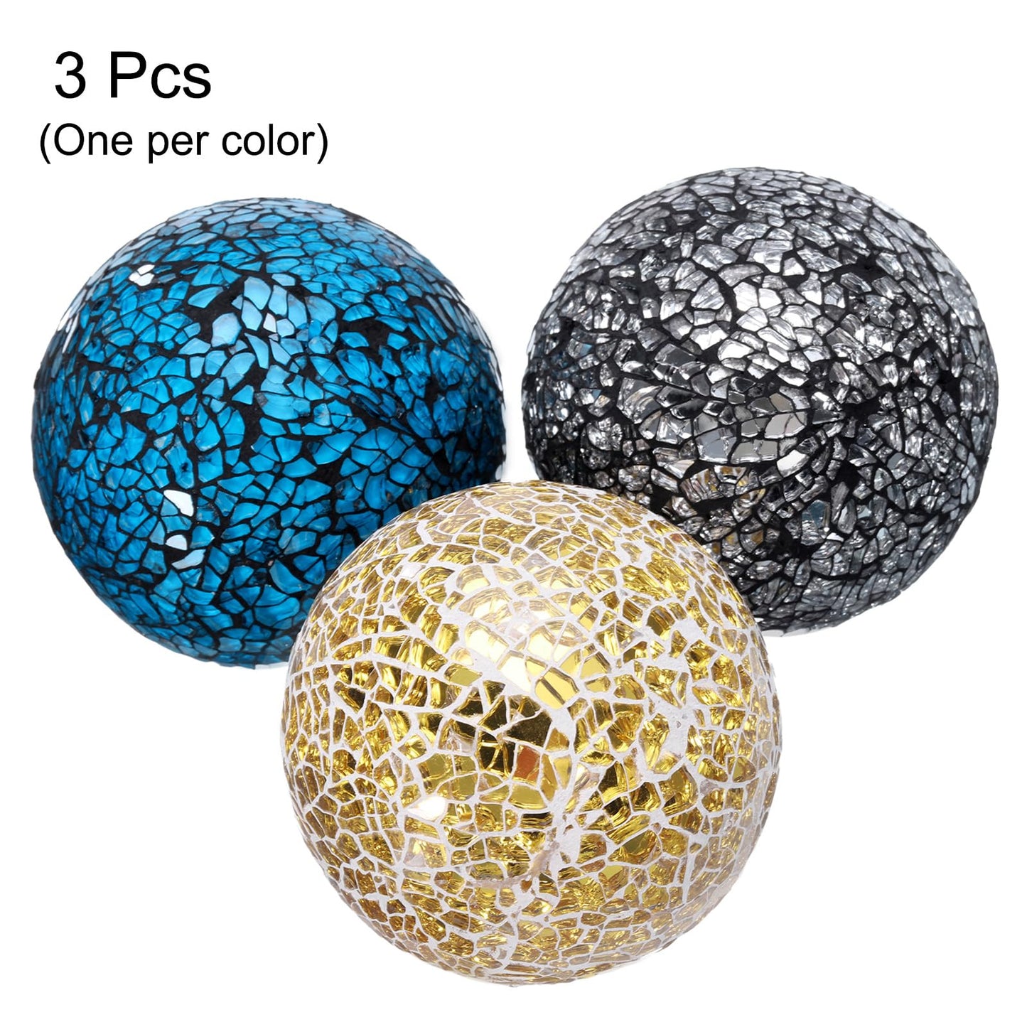 uxcell 3Pcs Decorative Glass Balls 3.15 Inch Orbs Centerpiece Balls Mosaic Glass Ball Sphere for Decor Bowls Vases Dining Table Party, Gold, Silver Black, Blue