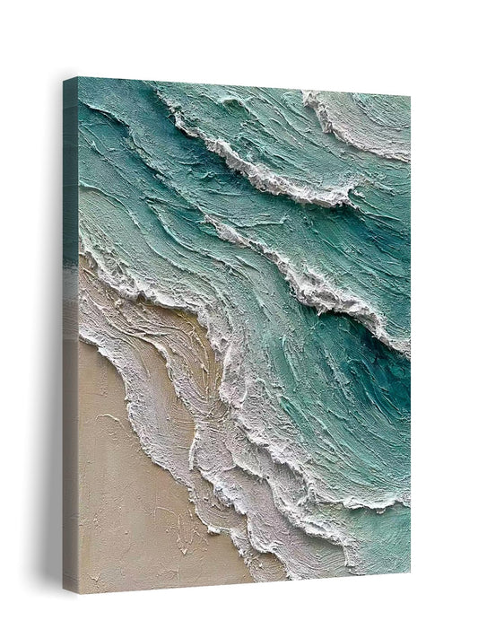 Diathou Art Hand-painted oil painting of a beach scene with waves. Modern abstract blue landscape art as a wall decoration for home office. 36x24 inches.