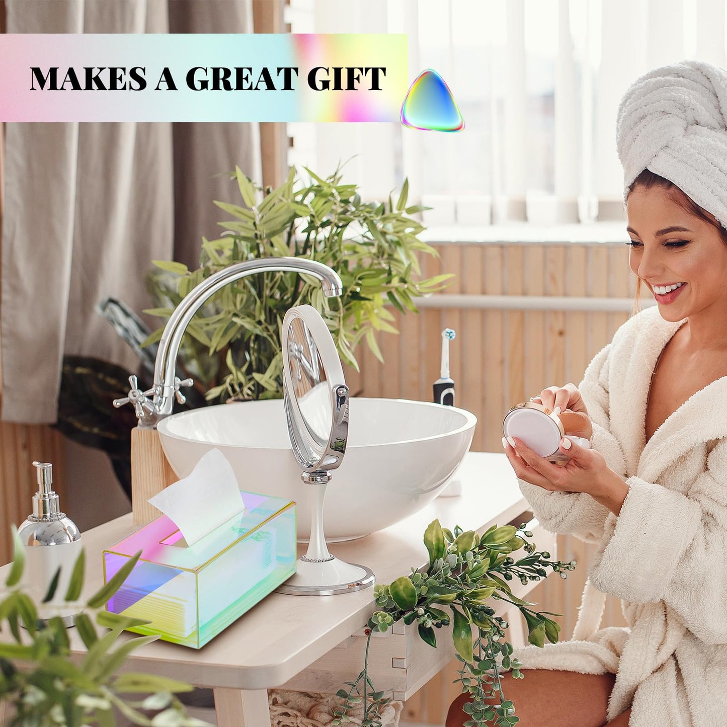 Layhit 2 Pcs Iridescent Tissue Box Acrylic 9.37 x 4.72 x 3.94 Inch Acrylic Clear Tissue Box Dispenser Cute Tissue Box Holder for Facial Napkins Bathroom Desks