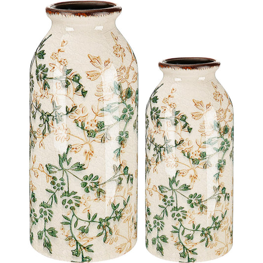 Ninehaoou 2 Pcs Vintage Ceramic Flower Vase Chinoiserie Antique Floral Vase Rustic Boho Farmhouse Decor for Home Table Bookshelf Aesthetic Centerpiece Gift(Vintage Green)