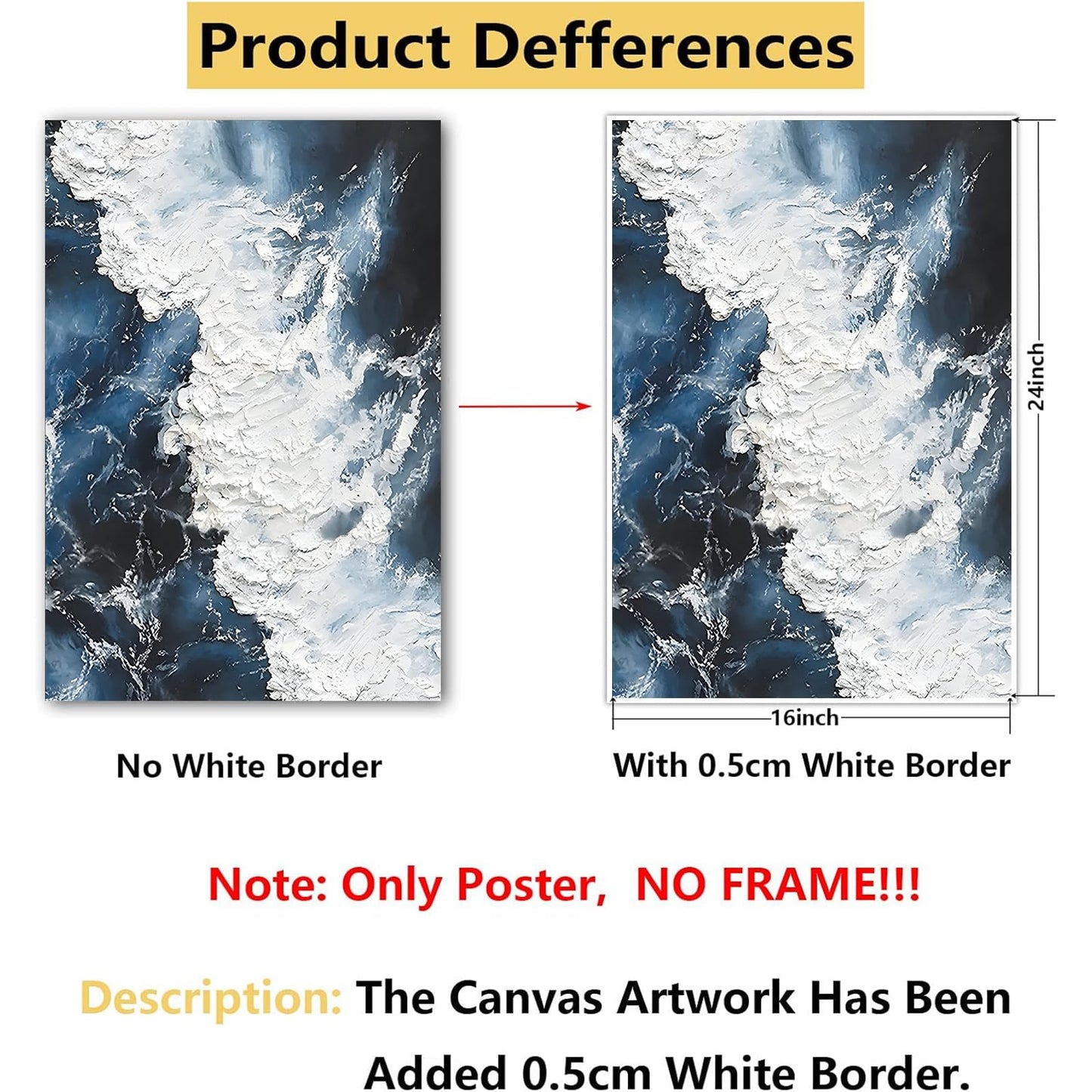 BACJUOPLDArt Abstract Ocean Canvas Wall Art Navy Blue And White Abstract Poster Blue Sea Ocean Wave Picture Modern Navy Blue Landscape Painting For Bedroom Wall Decor 16x24in No Frame