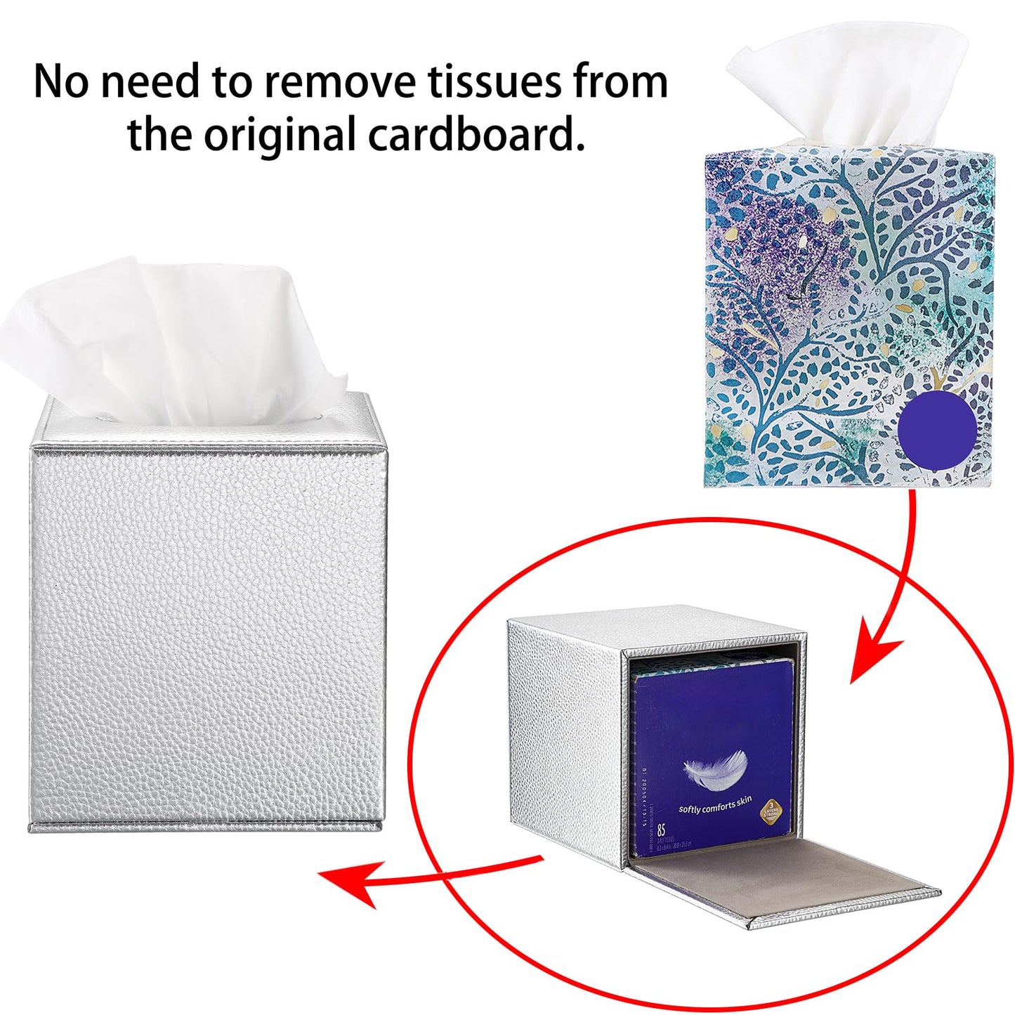 Sumnacon Tissue Box Cover Square Tissue Box Stylish PU Tissue Box Holder with Magnetic Bottom, Leather Cube Tissue Cover for Living Room Bathroom Bedroom Table Desk Home Office Car, Silver