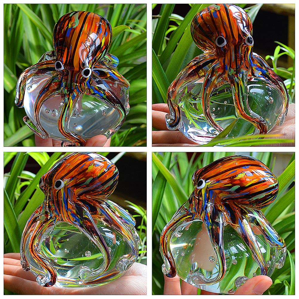 EUSTUMA Hand Blown Glass Octopus Figurine Ornament,Sea Animal Ornament for Fish Tank Aquarium,Sea Animals Collection for Birthday Gift,Glass Office Paperweight for Desk.