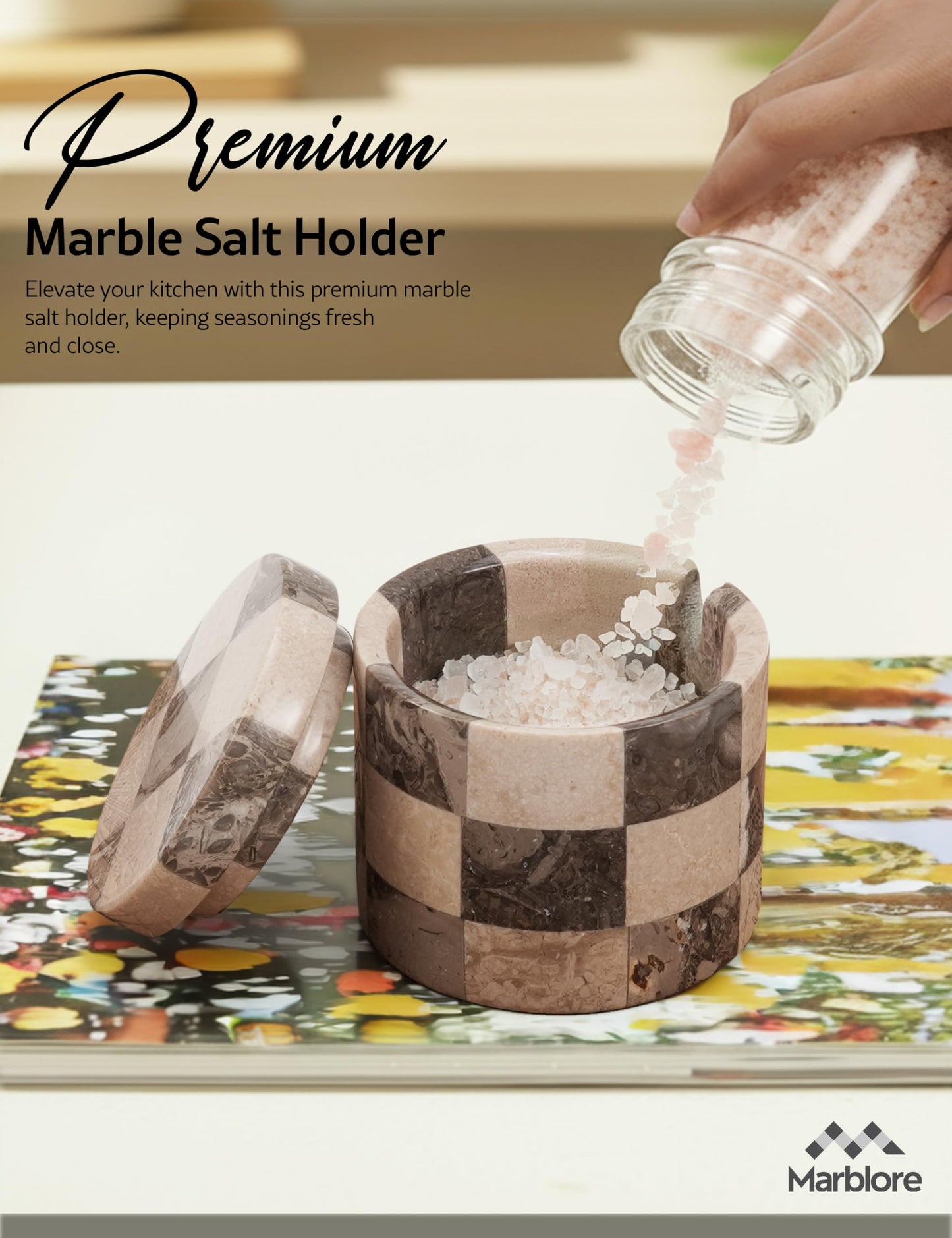 Marble Salt Cellars with Lid and Spoon Oceanic and Verona 3" Stone Containers for Kitchen Countertop, Perfect for Flaky Salt, Sugar, Coffee, and Everyday Seasonings