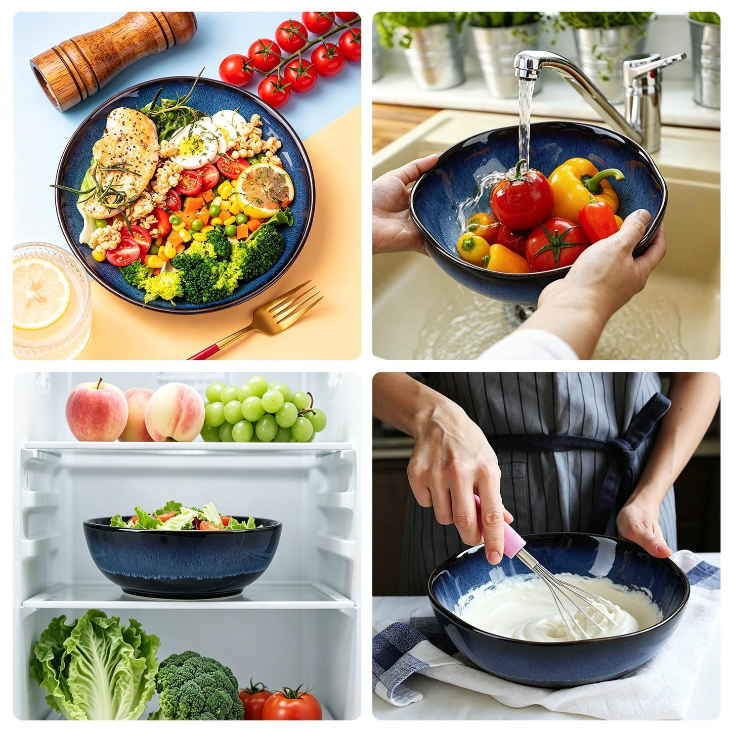 YIK TUNG 47Oz Large Ceramic Salad Bowls,8.9" Round Serving Bowl with Blue Vertical Stripe Design for Serving Pasta,Soup, Cereals,Fruit, Chips, and More, Microwave & Dishwasher Safe