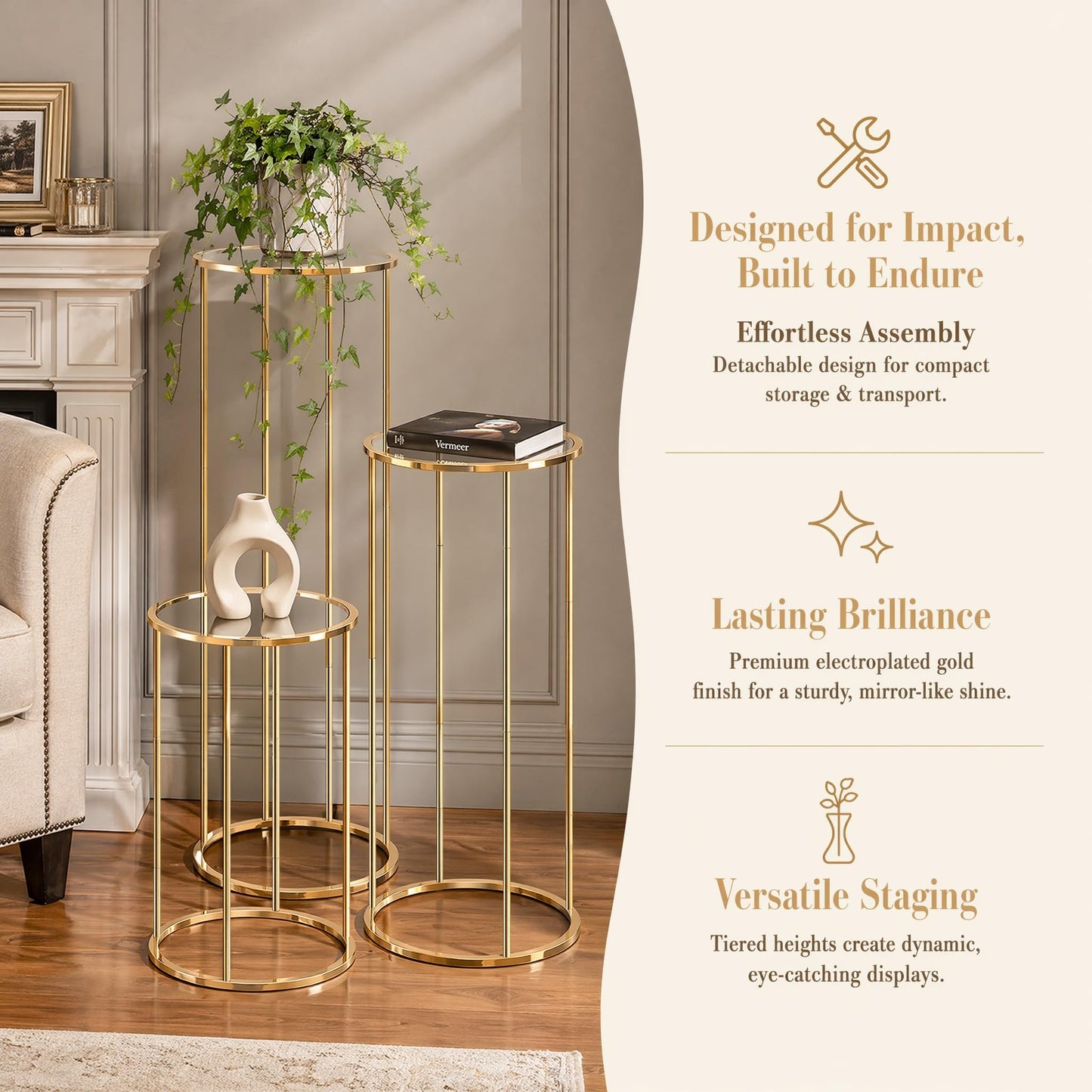 Hafyow 3PCS Round Cylinder Pedestal Stands Set, Gold Metal Display Columns with Removable Acrylic Tops, Sturdy Iron Nesting Risers for Wedding Party Dessert Table, Floral Vases and Event Decor (23.6", 31.5", 39.3" Heights)