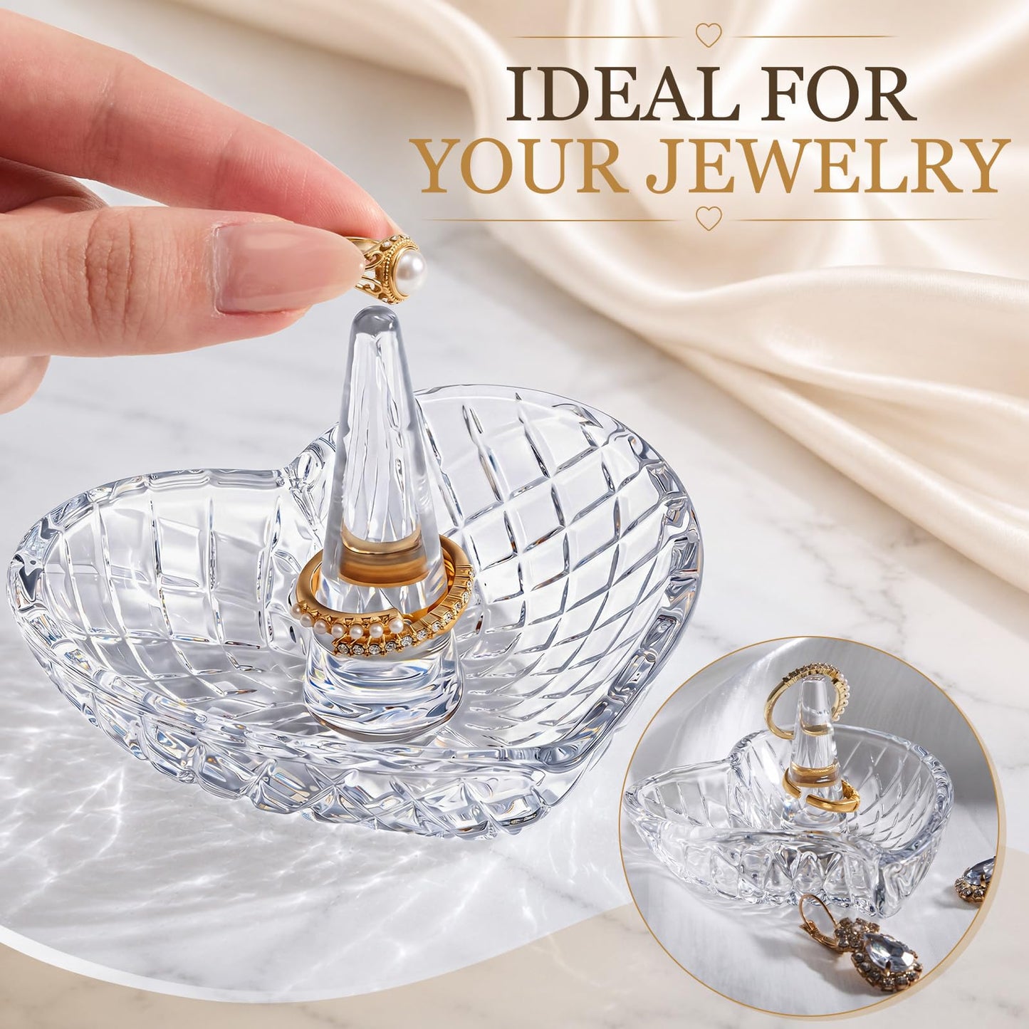 Yiyiring 2 Pack Heart Shaped Ring Holder Dish for Women, Crystal Glass Jewelry Tray for Wedding, Engagement, Bathroom Sink, Nightstand, Gift for Mom Wife Girlfriend