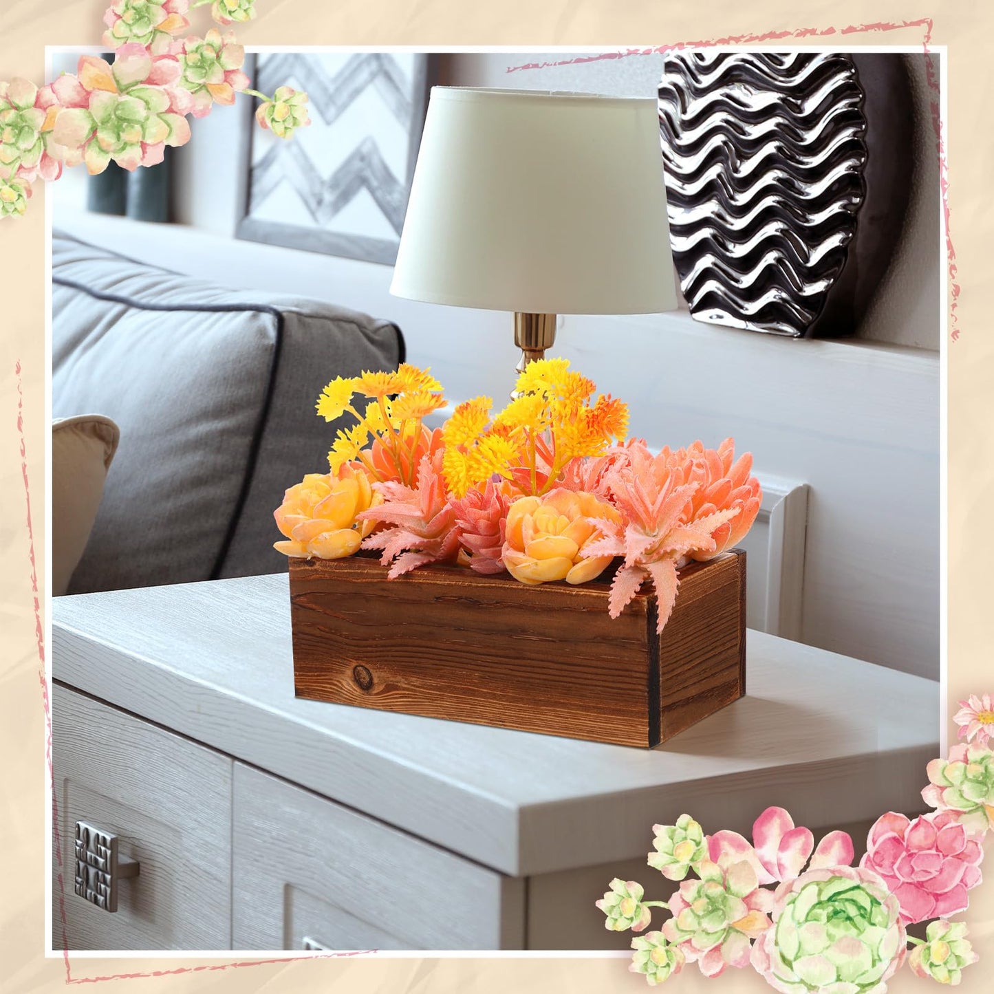 Solsew Assorted Artificial Succulent Arrangement Plants in Rustic Burnt Wood Rectangular Planter Box Faux Succulent Centerpiece for Table Home Garden Windowsill Greenery Decor(Yellow,Spark Style)