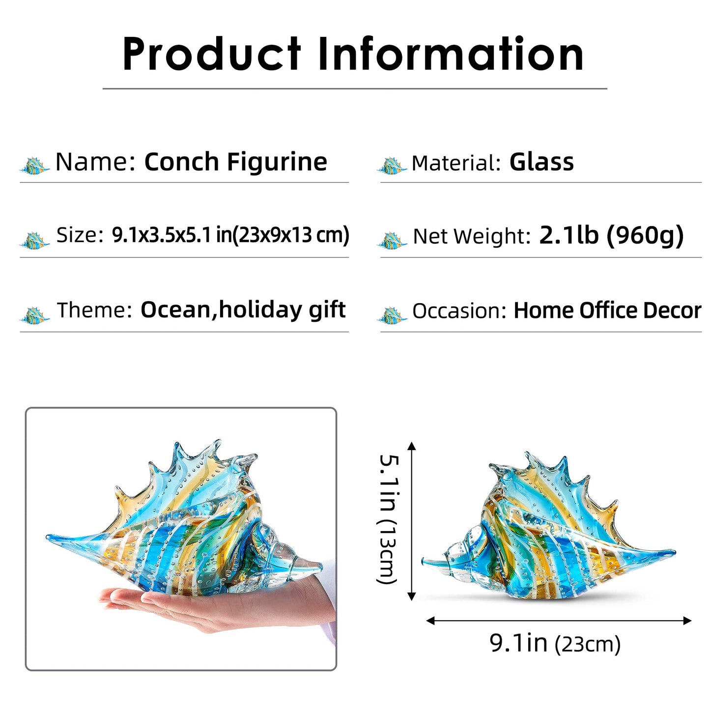 EUSTUMA Hand Blown Glass Conch Figurines Ornament,Sea Animal Ornament for Home Decor,Sea Animals Collection for Birthday Gift,Glass Seashell