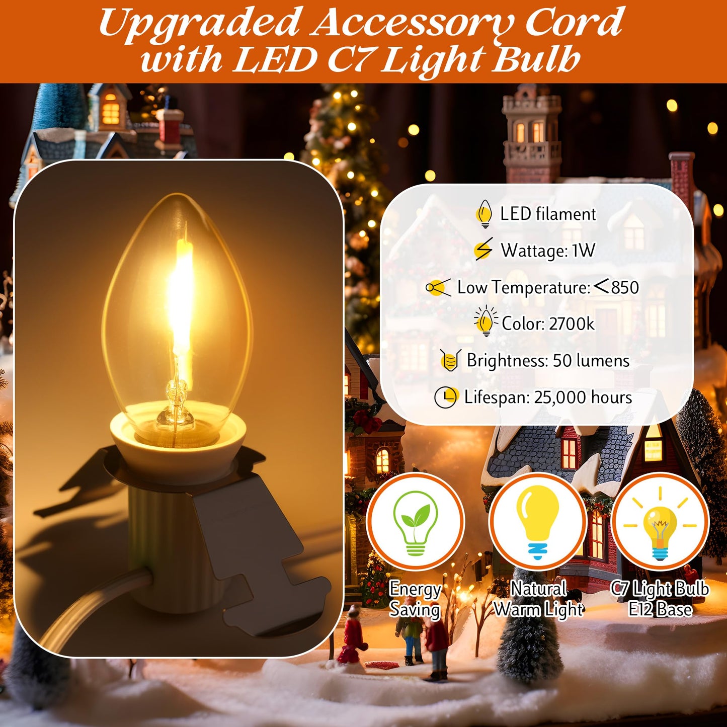 Meonum Christmas Village Lights,Accessory Cord with LED C7 Bulbs,Indoor Blow Mold Light Cord with Female Plug, Rotary On/Off,for Salt Lamp,Holiday Craft Projects Decoration(41 ft,24 Packs)