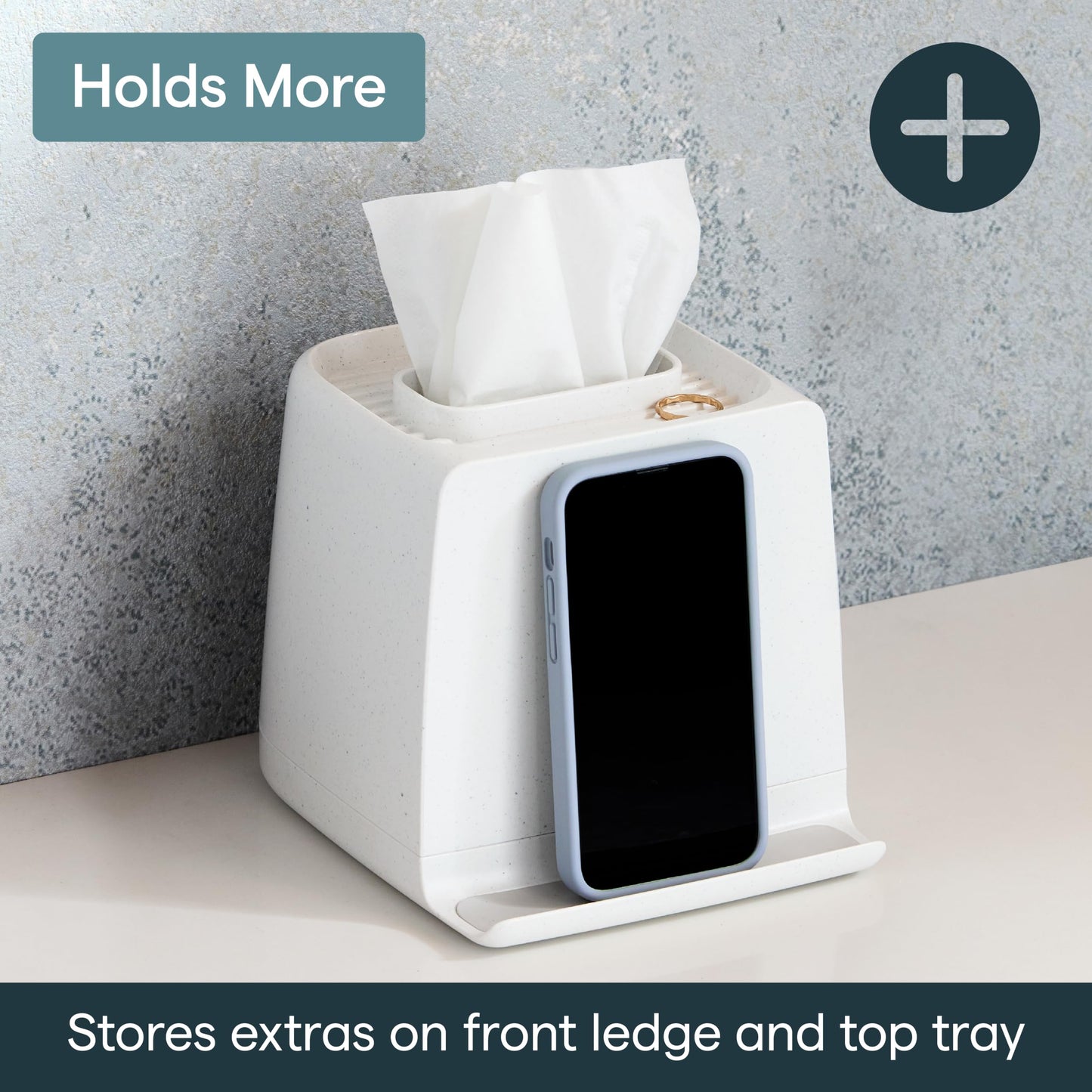 YouCopia The Ledge Tissue Holder, Cube, Square Box Cover with Storage for Phones, Jewelry, Makeup and Accessories for Night Stand, Desk and Bathroom Organization