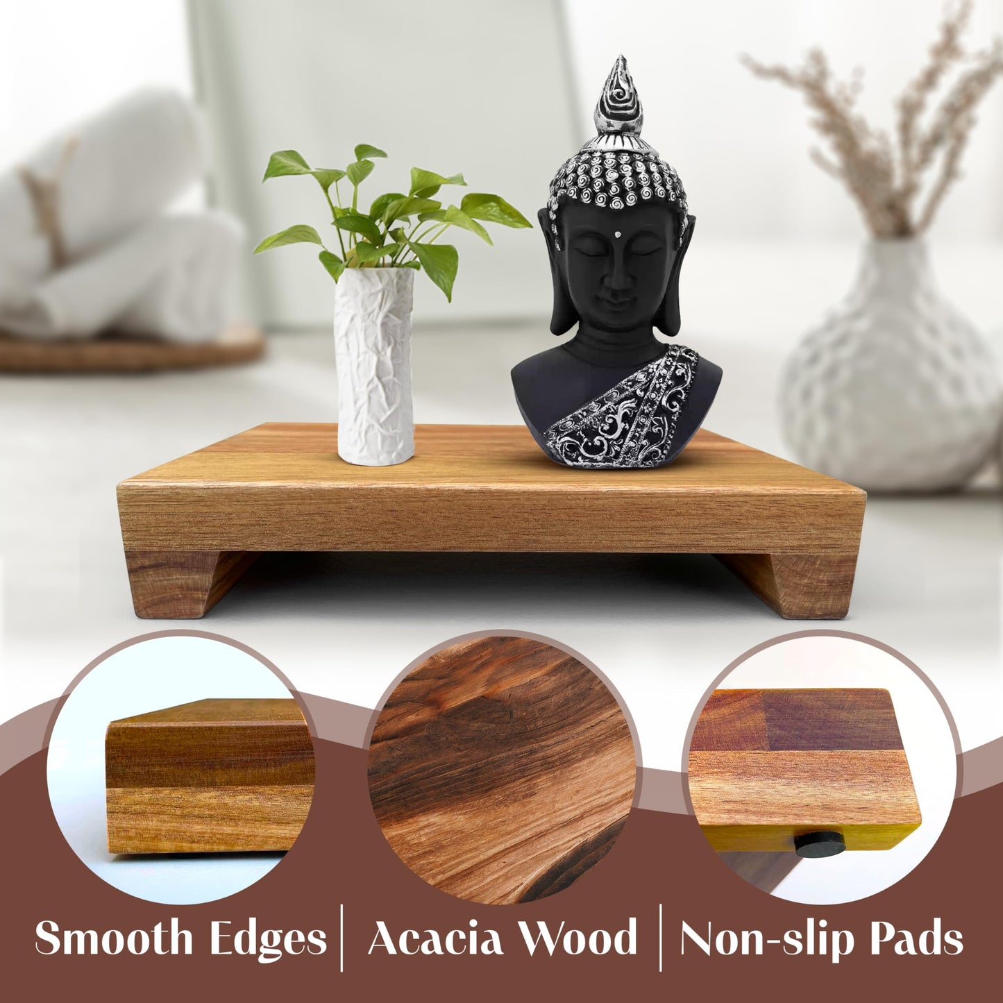 Lyfe Simple Natural Acacia Wood Pedestal Stand | Wood Riser with Decorative Beads | Kitchen Counter Decor | Soap Tray for Kitchen Sink | Bathroom Tray | Tabletop Wooden Stand (9 x 6 x 1.75 Inch)