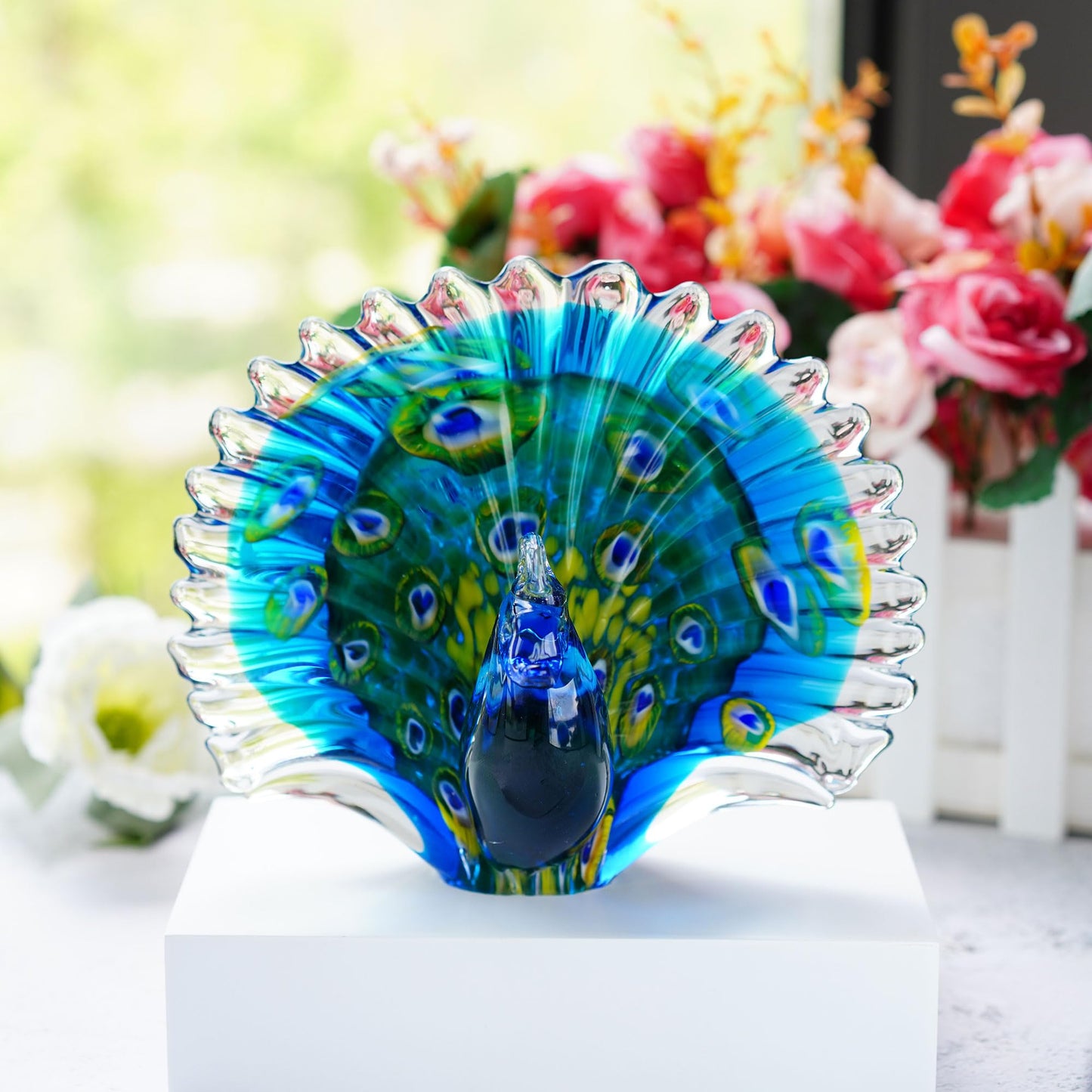 Crystalsuncatcher Hand Blown Glass Peacock Figurines Collectible Gift for Women Glass Art Animal Sculpture for Home Table Decorations (7.5in,Green)
