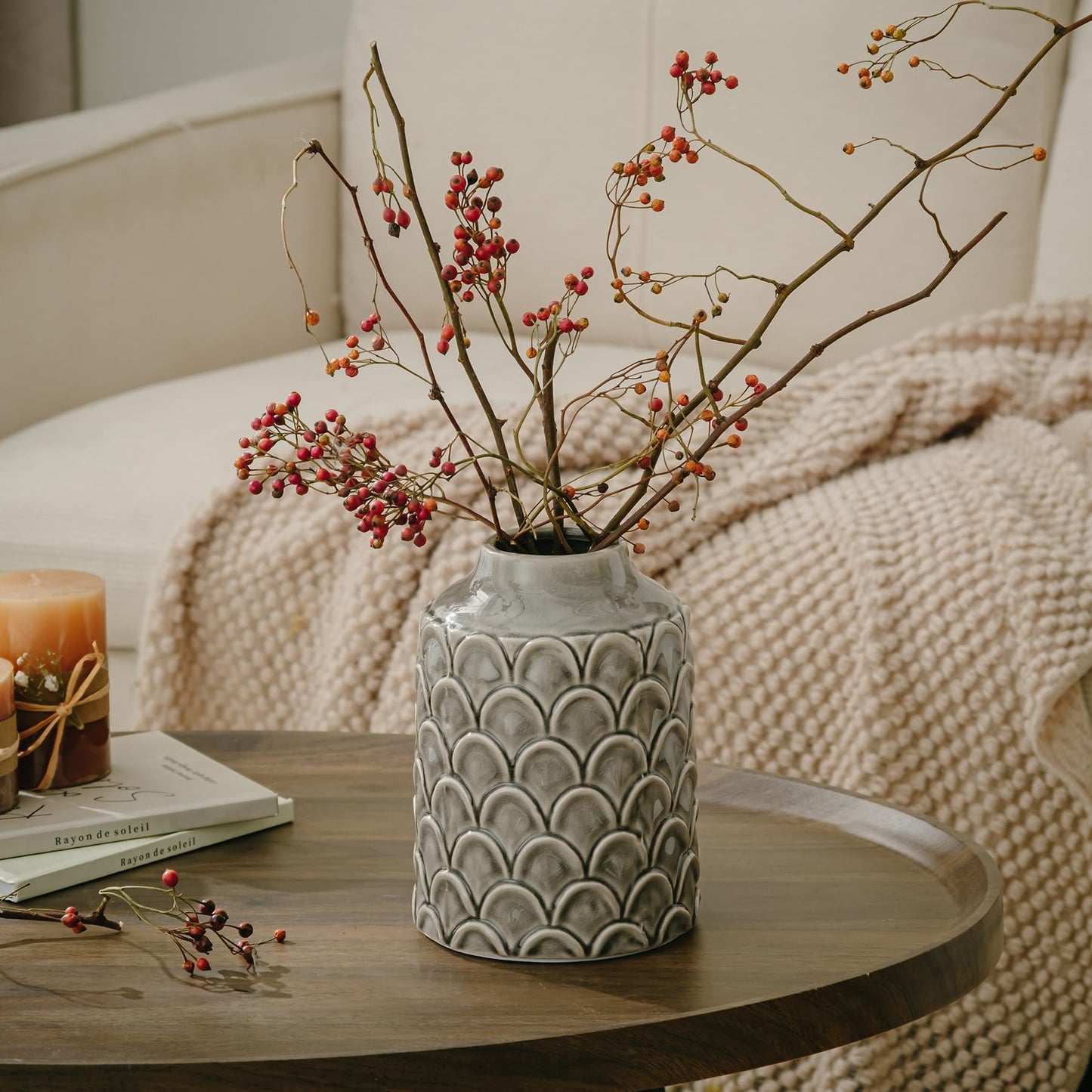 Ceramic Flower Vase, 7.28” Rustic Farmhouse Decorative Vase for Home Decor, Gray Textured Pottery Vase for Pampas Grass, Living Room, Entryway, Mantel, Kitchen Table, Centerpiece