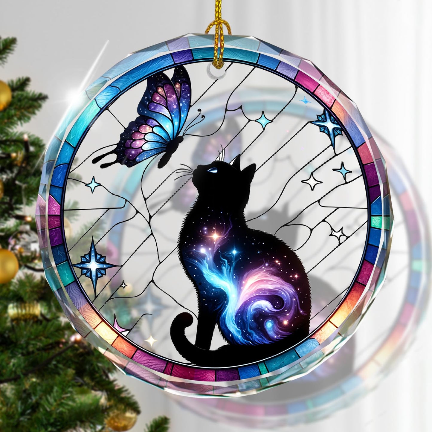 Stained Glass Black Cat Ornament, Cat Christmas Decoration for Tree, Holiday Presents and Xmas Gift
