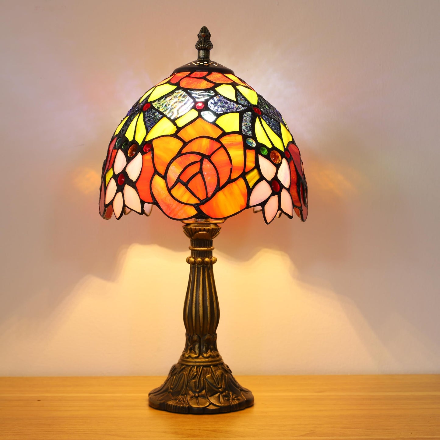 tuomoxte Tiffany Style Table Lamp 3 Color Temperatures Rose Flower Stained Glass Lamps Small Antique Bedside Nightstand Table Lamp for Bedroom Living Room Home Office, W/LED Bulb 8X8X15Inch