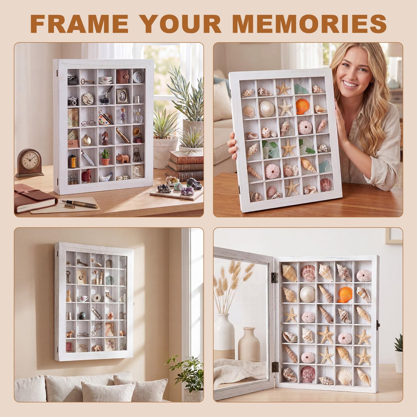 Wonderjune Shell Shadow Box with Shelf Deep Wood Shadow Box Frame Glass Door Display Case with 12/30 Compartments Storage for Collection, Souvenirs, Figures, Wine Bottle Caps, Stamps(12x16 in)