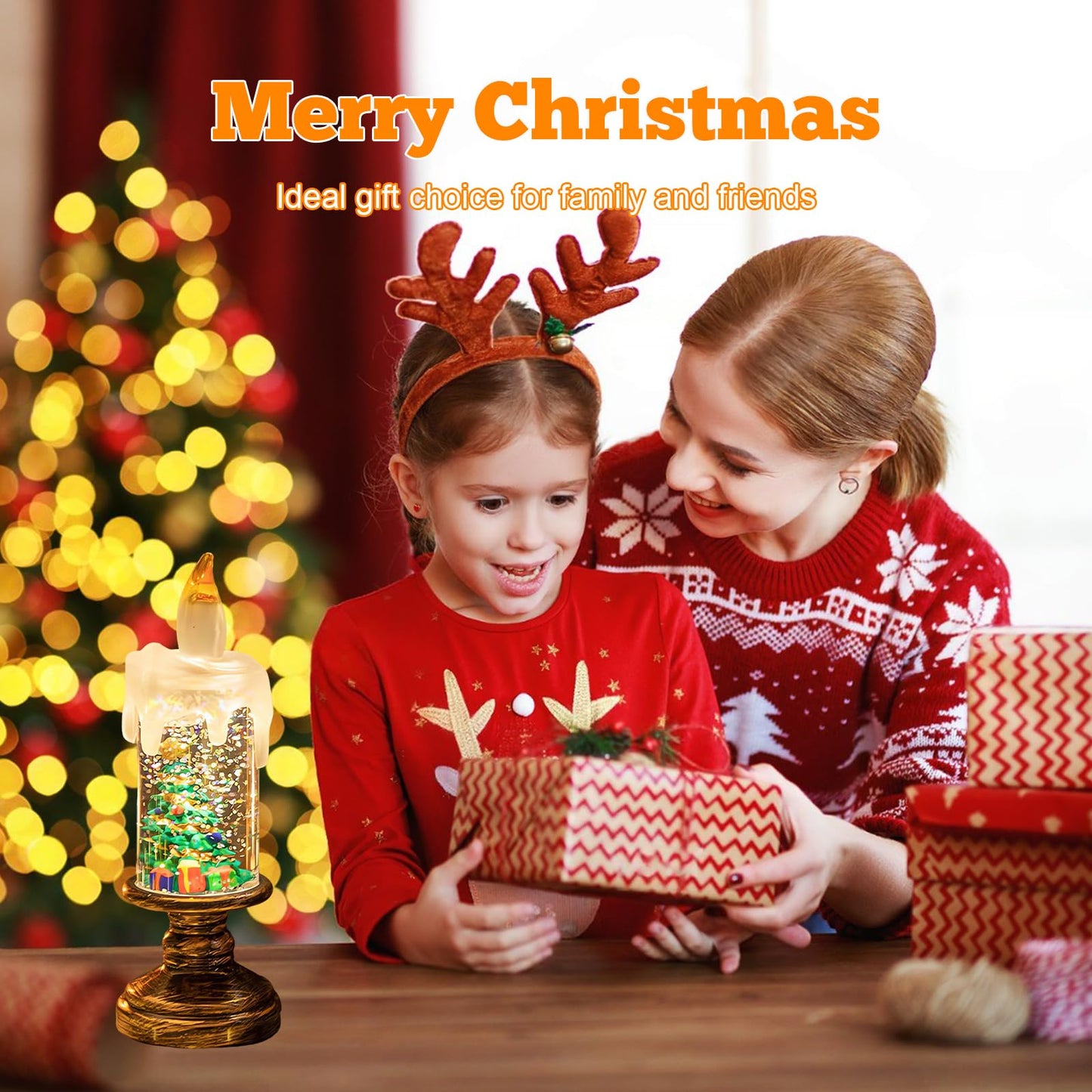 AVEKI Christmas Flameless Candles, Snow Globe Candles Light with Fluttering Sequins, Battery Operated Taper Candles for Home Party Christmas Decorations (Christmas Tree)