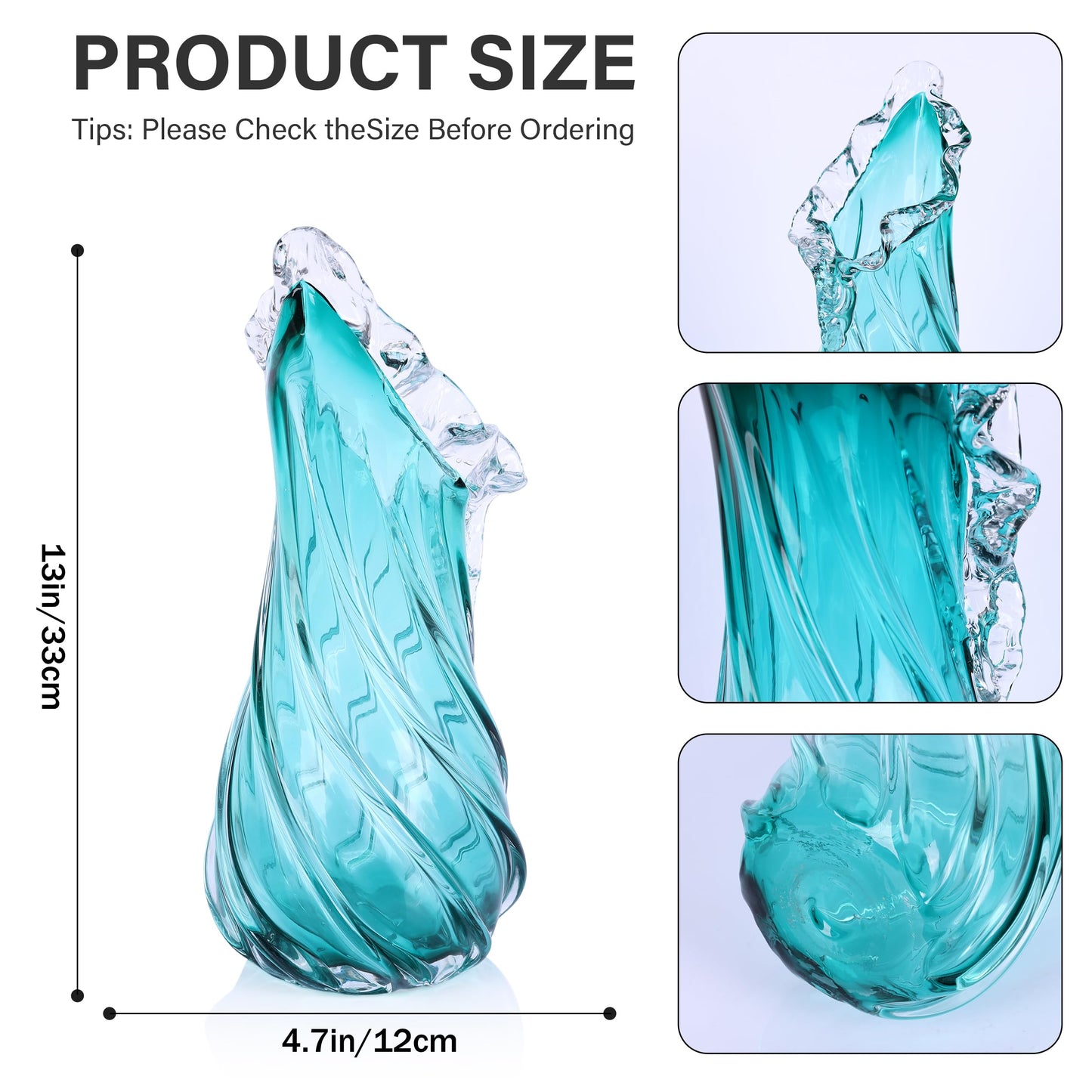 Hand Blown Blue Large Glass Vase Set - Artistic Clear Blue Vase for Coastal & Modern Home Decor, Ocean Wave Vase Design Light Luxury Style for Home Decor, Centerpiece, Office (L)