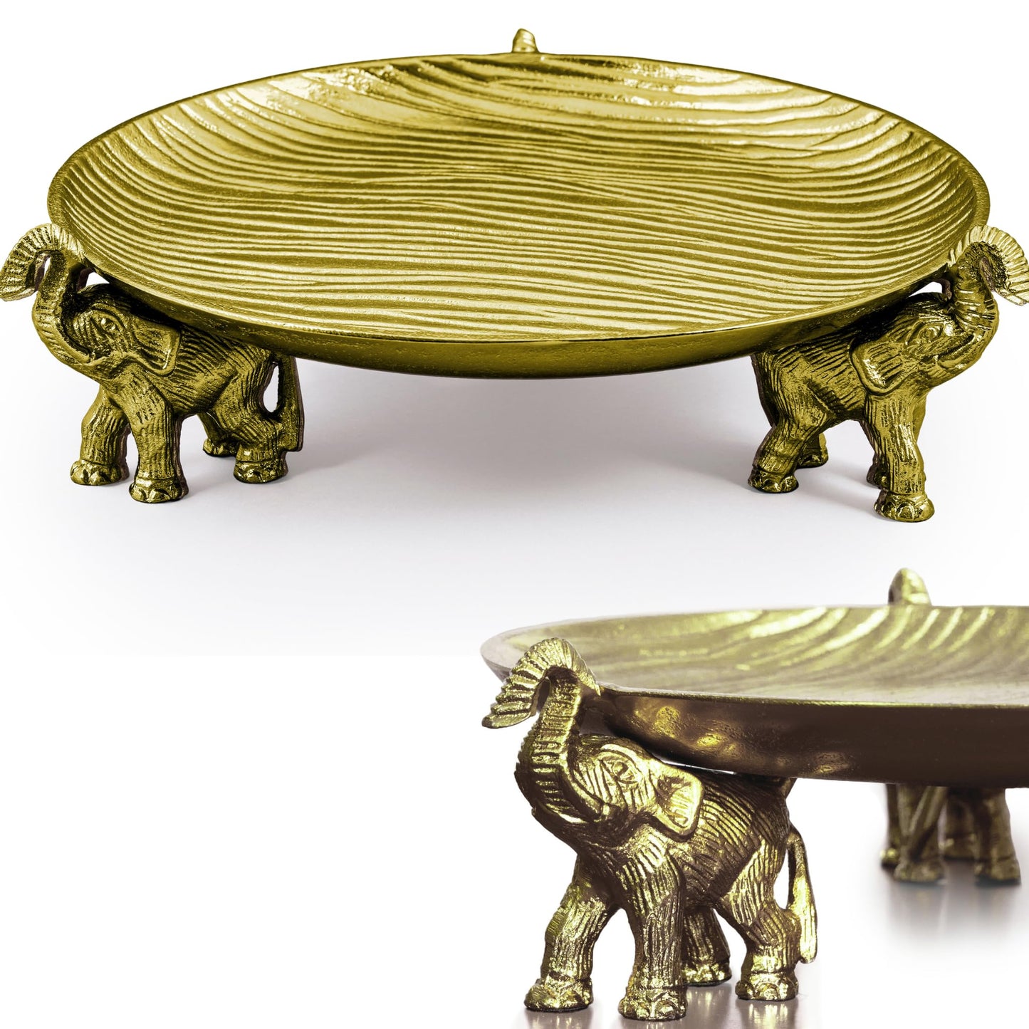 JUUVANA Round Decorative Tray – Antique Gold Tray Round with Elephant Stand, Coffee Table Tray, Dining Table Centerpiece Decor, Decorative Trays for Home Decor