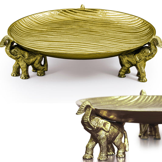 JUUVANA Round Decorative Tray – Antique Gold Tray Round with Elephant Stand, Coffee Table Tray, Dining Table Centerpiece Decor, Decorative Trays for Home Decor