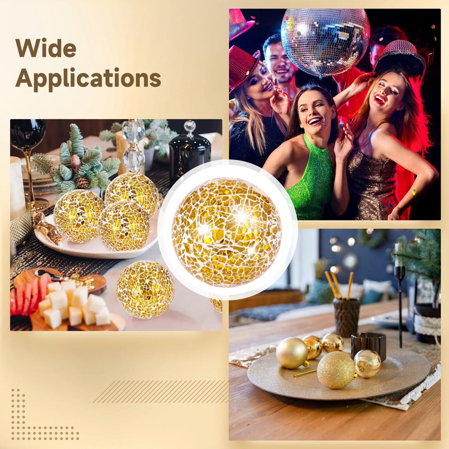 Calolin 6 PCS Golden Mosaic Glass Balls, 3.1 in Decorative Orbs Sphere Balls for Bowls, Vases, Table Centerpieces, Shiny Mosaic Decorative Balls for Living Room, Dining Table, Party Home Decor