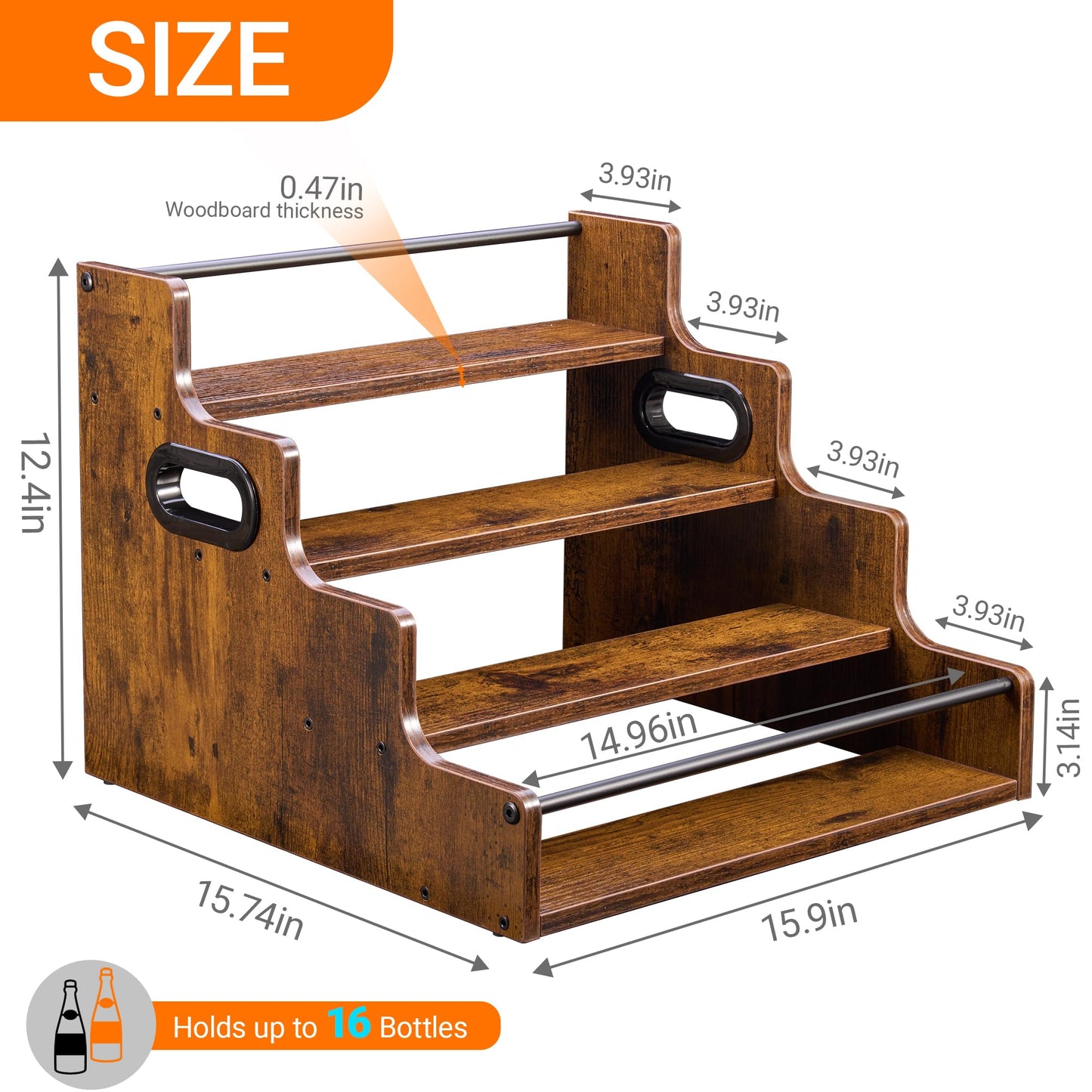 YQBRAO 4-Tier Liquor Bottle Display Shelf, Spice Rack - 16-Inch Coffee Syrup Organizer Rack - Heavy-Duty Countertop Bar Shelves for Liquor Whiskey, Spirits, Syrup Wine Dressing