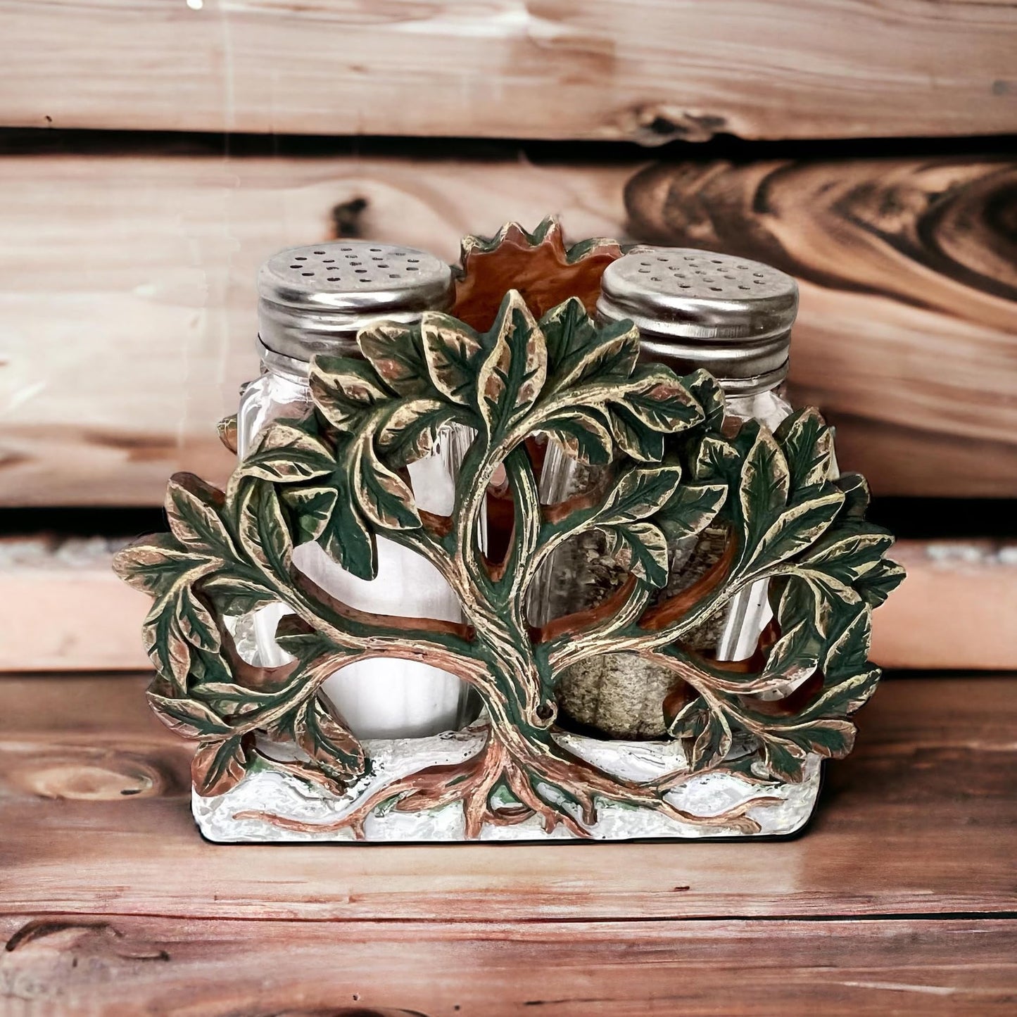 Tree of Life Salt and Pepper Shaker Set - Holder and Two Glass Shakers with Stainless Tops – Decorative Modern Rustic Celtic Spiritual Art