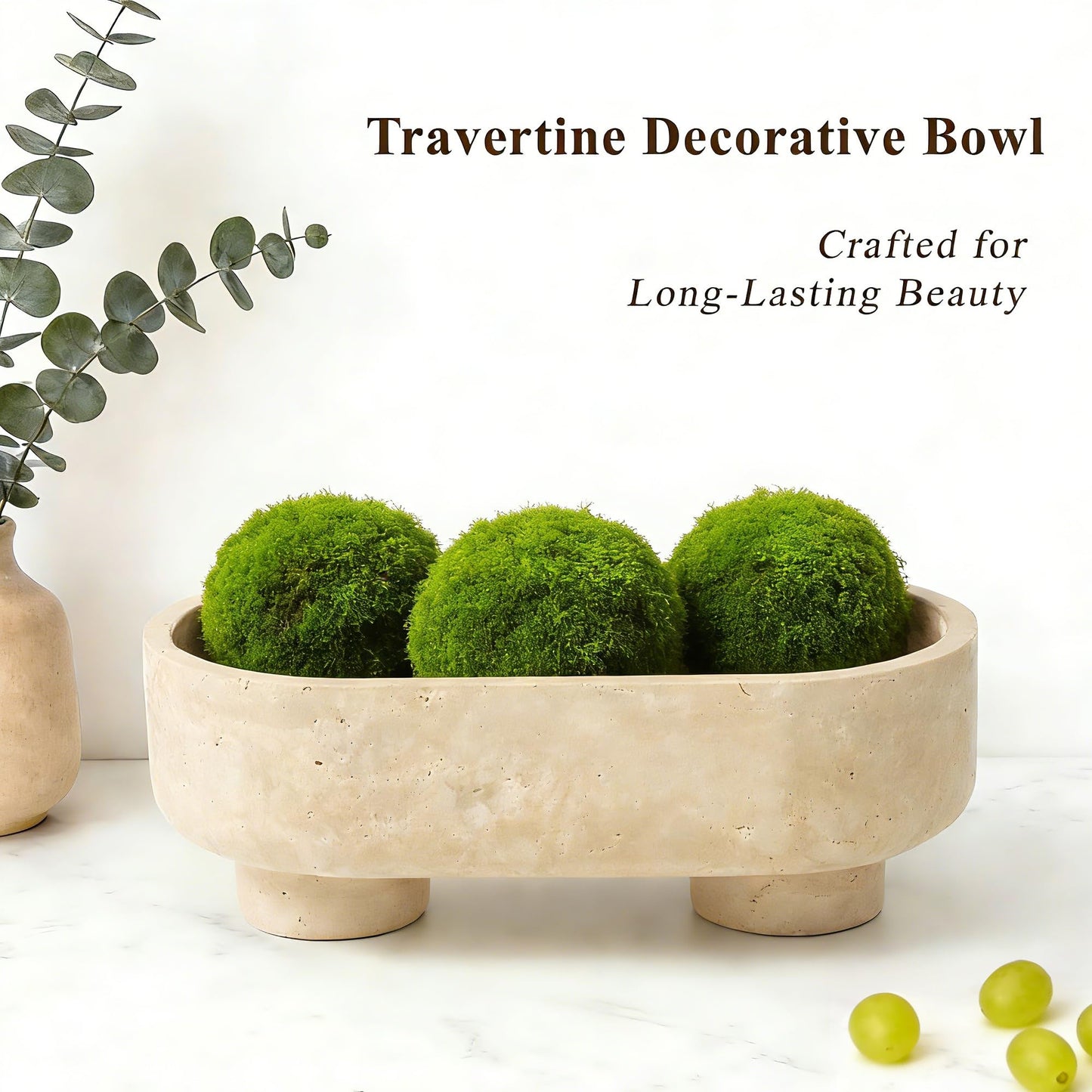 LIN CHUAN Natural Oval Travertine Stone Fruit Bowl for Kitchen Counter | Two-Legged Decorative Pedestal Bowl for Dining Table Decor, 10" Luxury Entryway Catchall Purse Bowl - Travertine