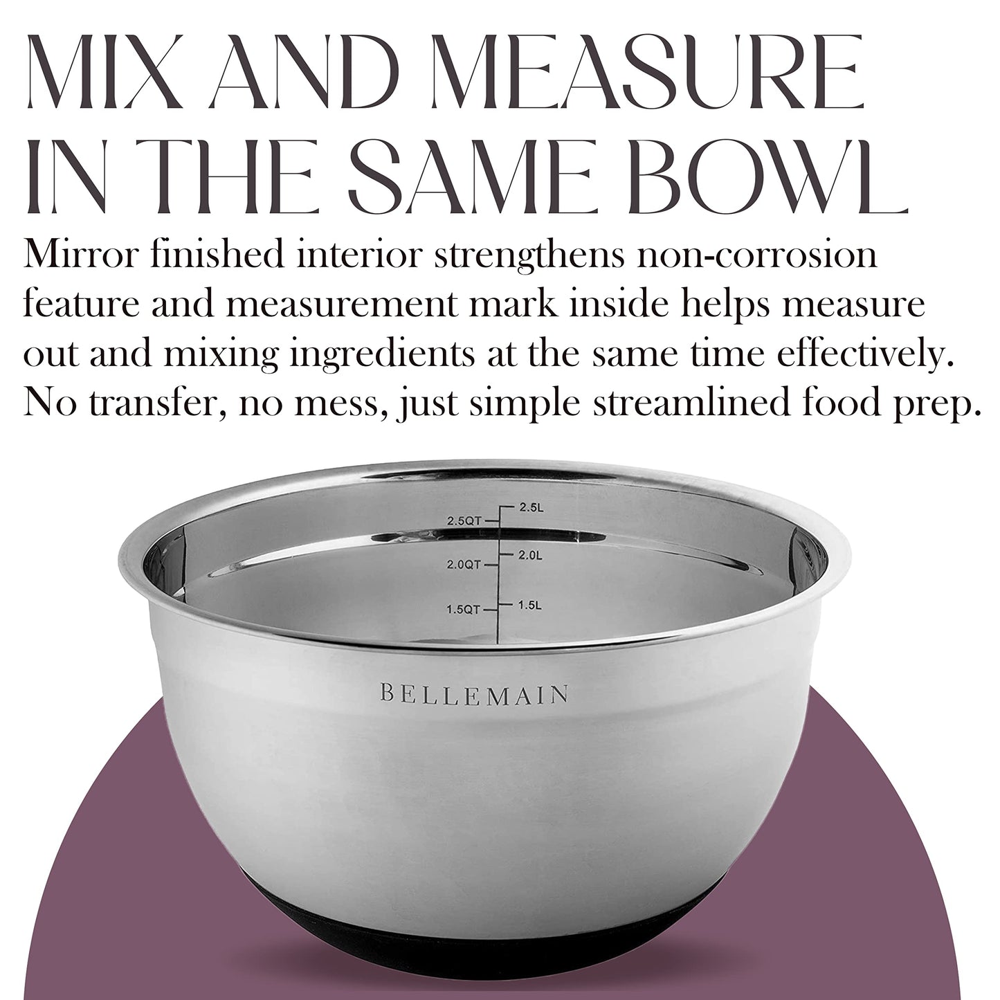 Bellemain Mixing Bowls with Lids Set - Stainless Steel Mixing Bowls with Airtight Lids - Food Storage Containers - 3PCS Set with Non-Slip Bottoms Kitchen Essentials for Baking - Serving