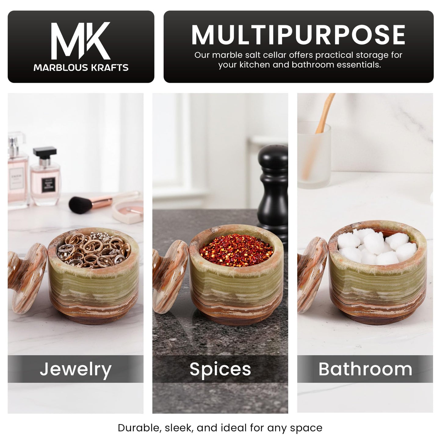 MARBLOUS KRAFTS Marble Salt Cellar with Lid 3" Inch Green Salt Jar & Table Salt Storage For Kitchen Countertop, Ideal Mother’s Day Gift for Mom, Salt Container, Salt Dish & Sugar Bowl For Table