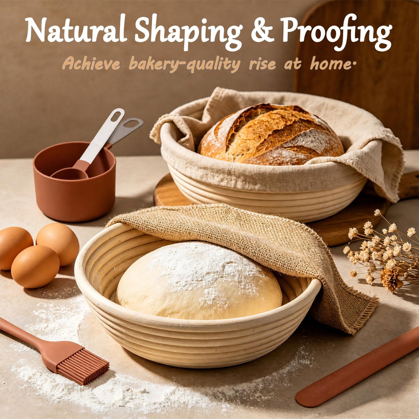 Sourdough Starter Kit, Sourdough Bread Baking Supplies, Banneton Bread Proofing Basket with Starter Jar, Dough Whisk, Scrapers, Recipe, Round Bread Proofing Basket, for Bread Baking