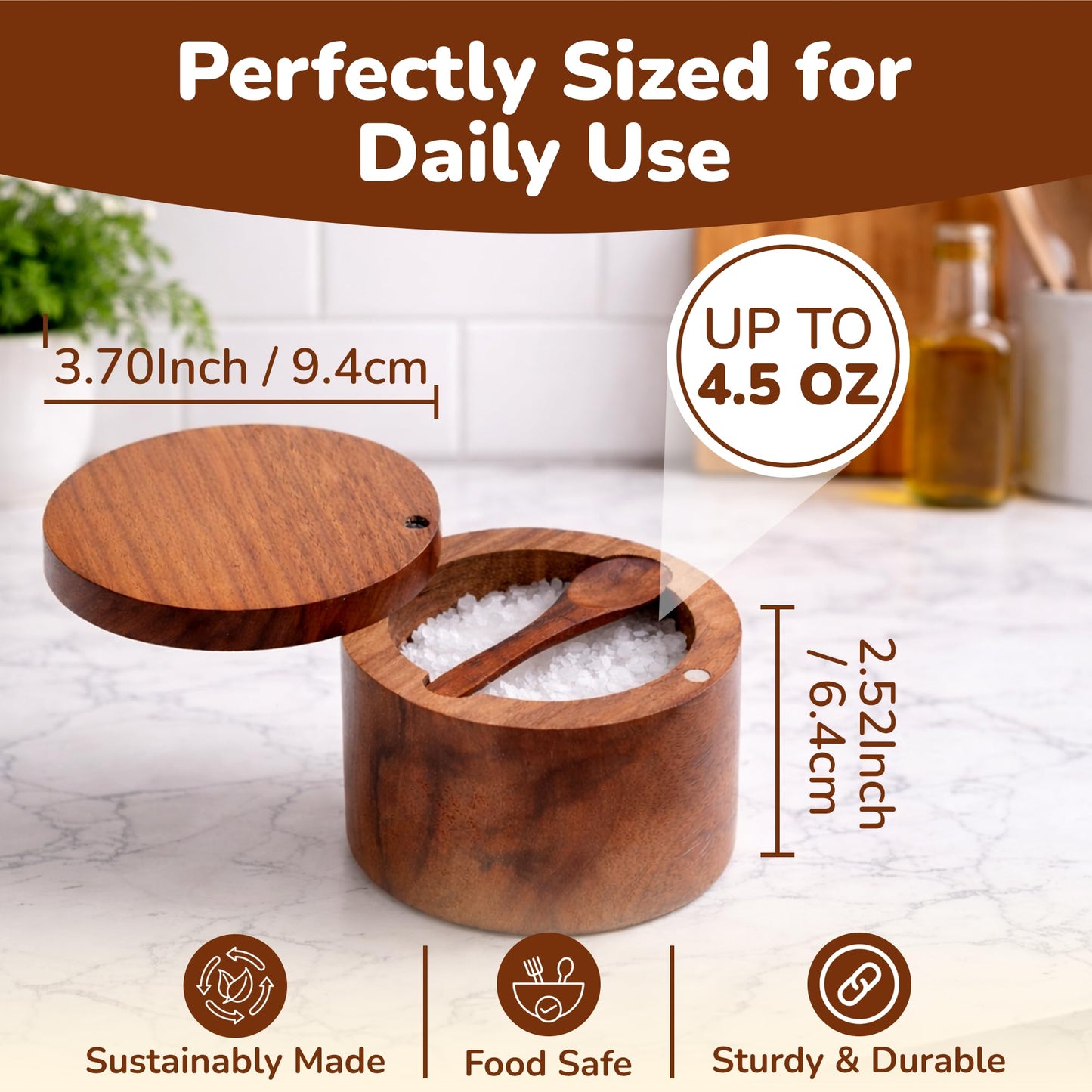 Wooden Salt Cellar with Magnetic Swivel Lid & Built-in Spoon, Salt Box for Kitchen Countertop, Premium Rosewood Salt Keeper for Sea Salt, Pepper & Spices (4.5 oz)
