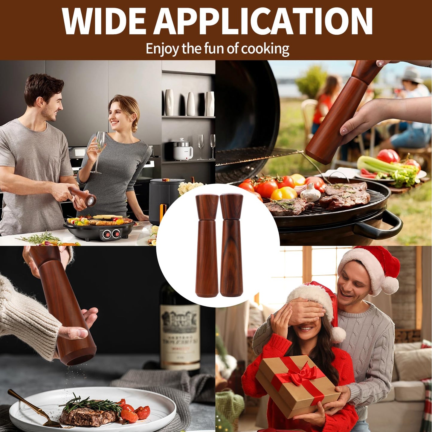 Wooden Salt and Pepper Grinder Set 10In,Salt and Pepper Grinder Refillable with Adjustable Ceramic Rotor, Easy Refill,Acacia Wood Pepper Grinder Manual,Salt and Pepper Shakers set 2-Pack