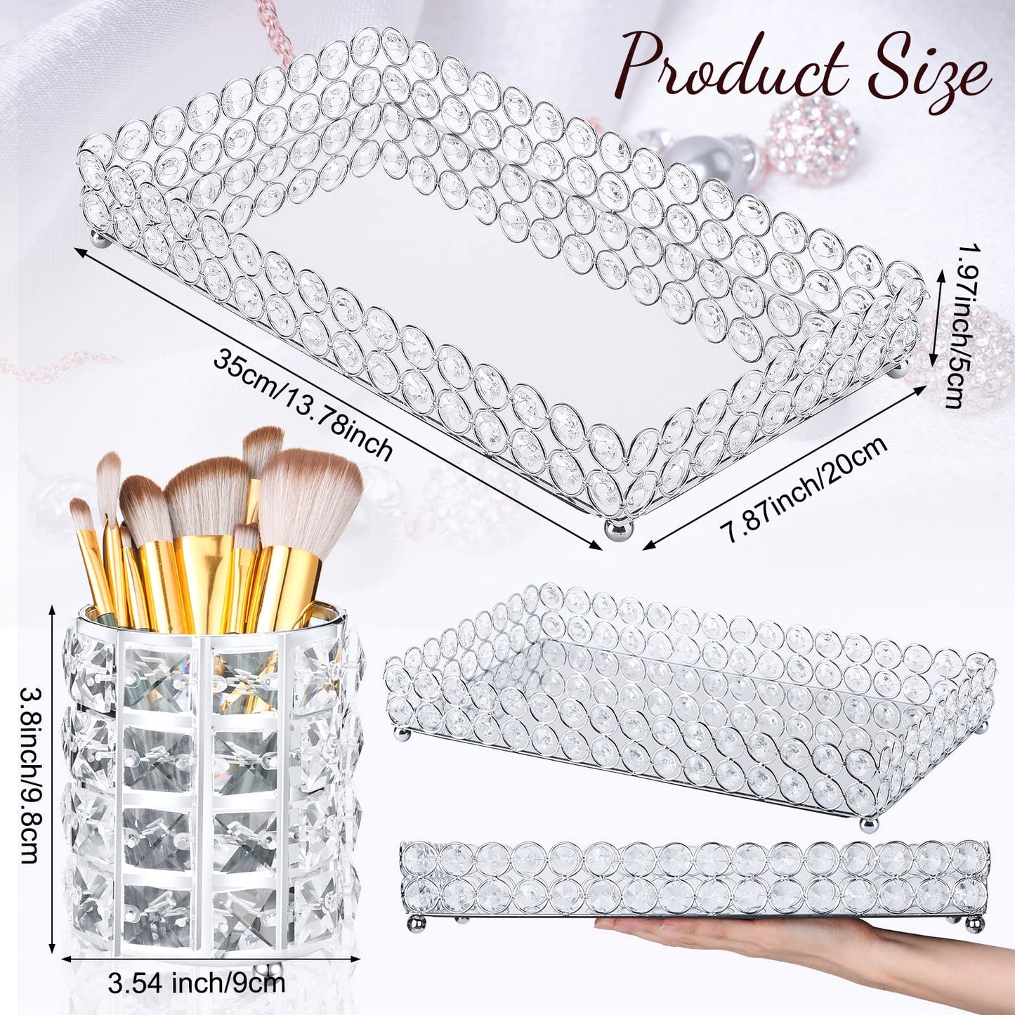 3 Pieces Perfume Tray Crystal Vanity Tray Mirrored Crystal Cosmetic Makeup Tray Set Makeup Brush Holder Bathroom Decorative Organizer Brush Cup Holder Vanity Accessories for Dresser, Silver (Square)