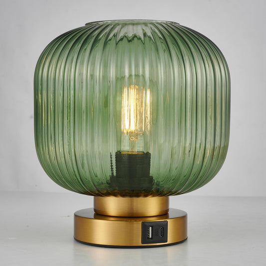 Touch Table Lamp with USB C+A Charging Ports, 3-Way Dimmable Bedside Lamp for Bedroom, Green Glass Shade & Brass Base, Plug-in E26 Desk Lamp for Nightstand Living Room Home Office Home Décor
